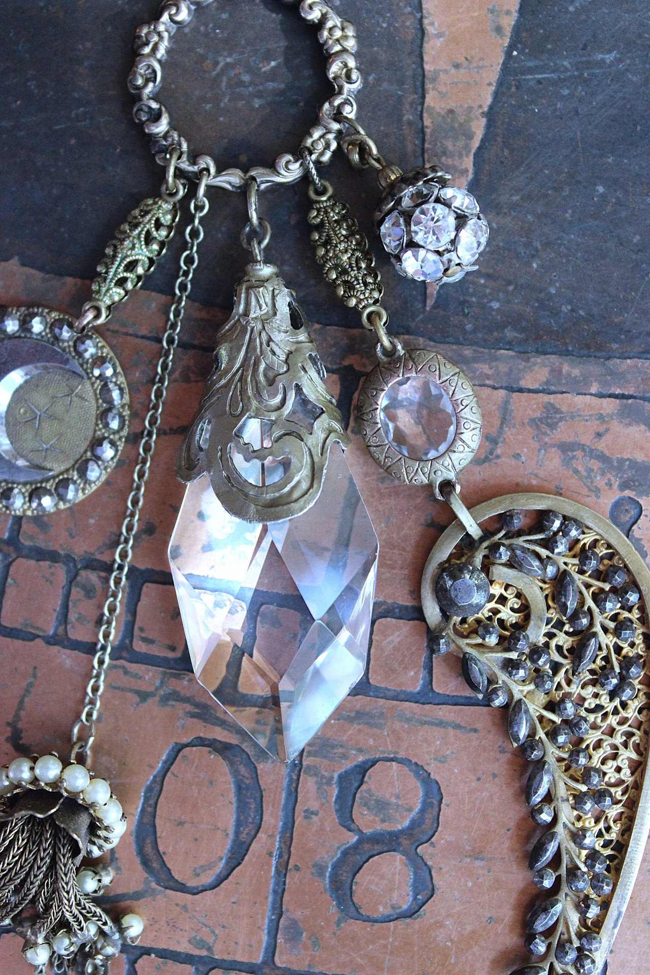 NEW! Stardust Soul Necklace w/Unique Capped Faceted Crystal,Antique Cut Steel & Gold Angel Wing,Antique Cut Steel Moon & Star Drop & More!