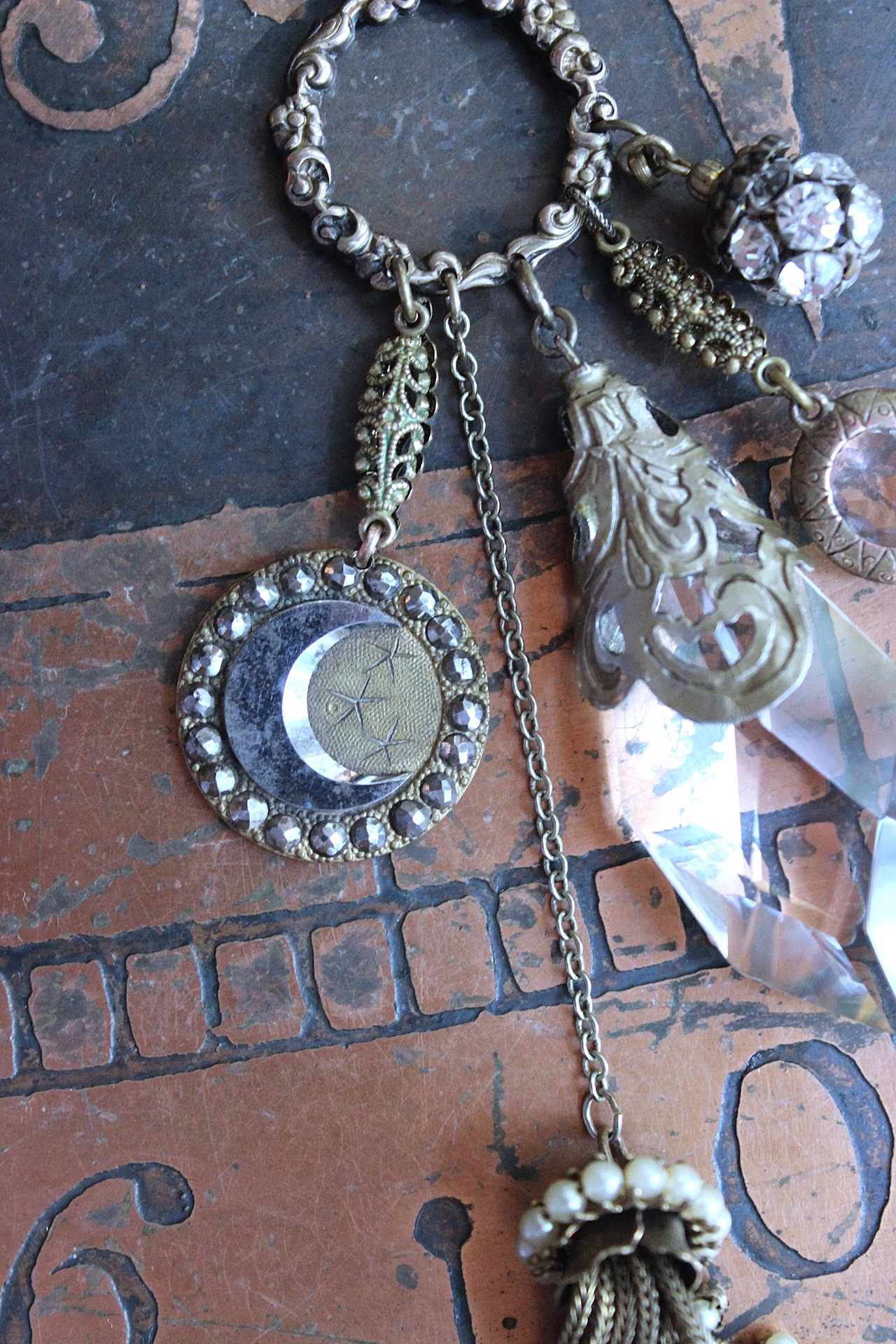 NEW! Stardust Soul Necklace w/Unique Capped Faceted Crystal,Antique Cut Steel & Gold Angel Wing,Antique Cut Steel Moon & Star Drop & More!