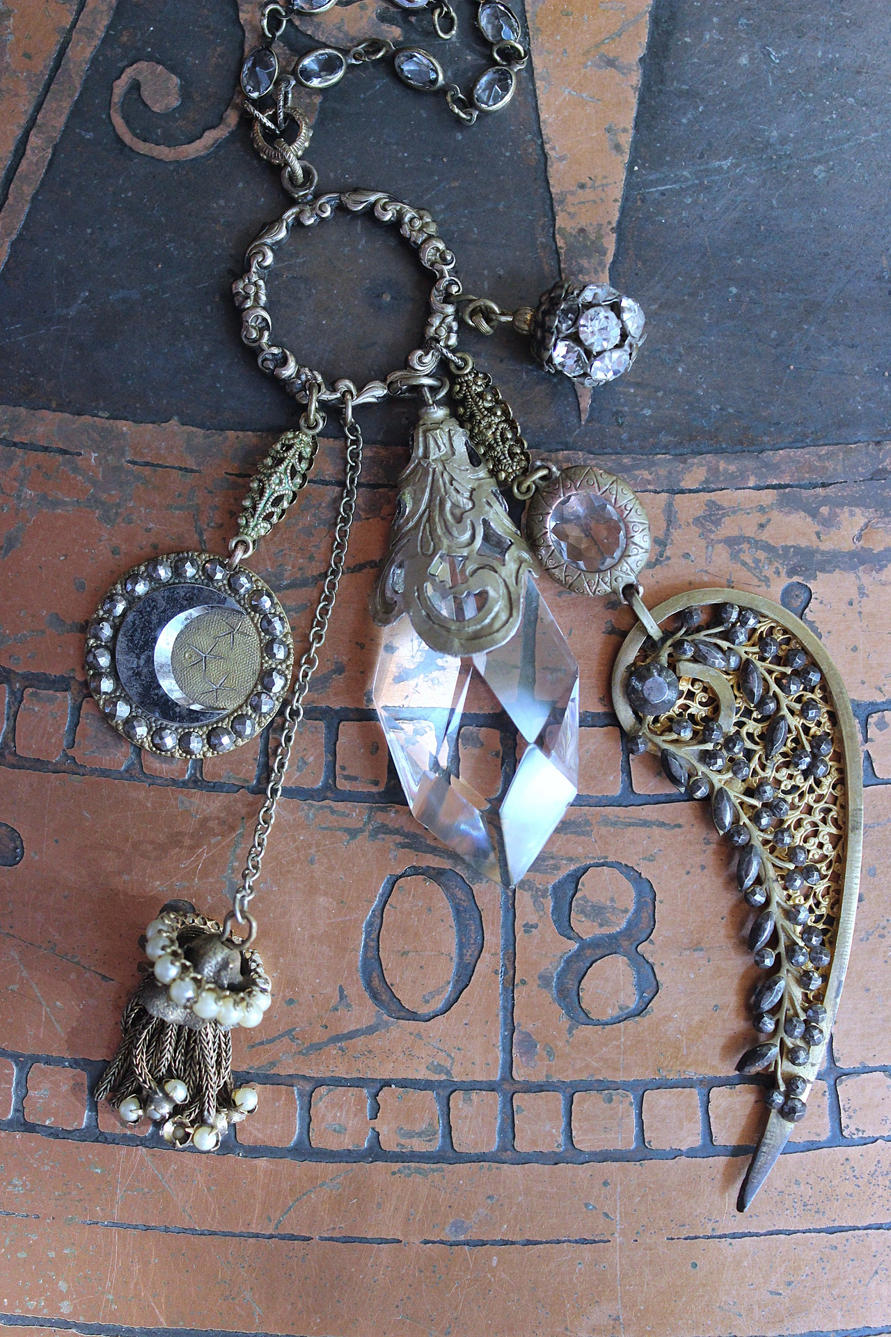 NEW! Stardust Soul Necklace w/Unique Capped Faceted Crystal,Antique Cut Steel & Gold Angel Wing,Antique Cut Steel Moon & Star Drop & More!