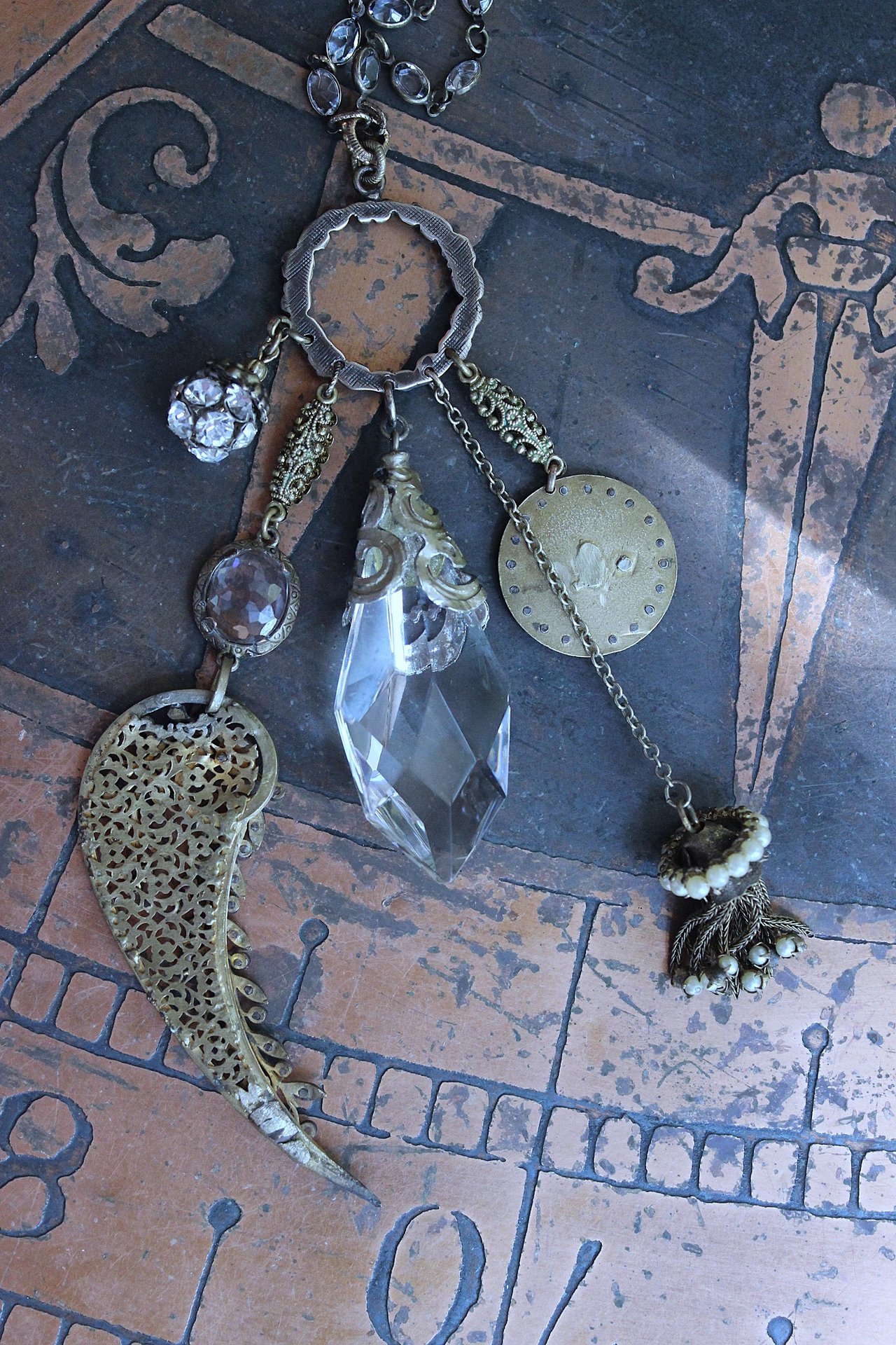NEW! Stardust Soul Necklace w/Unique Capped Faceted Crystal,Antique Cut Steel & Gold Angel Wing,Antique Cut Steel Moon & Star Drop & More!