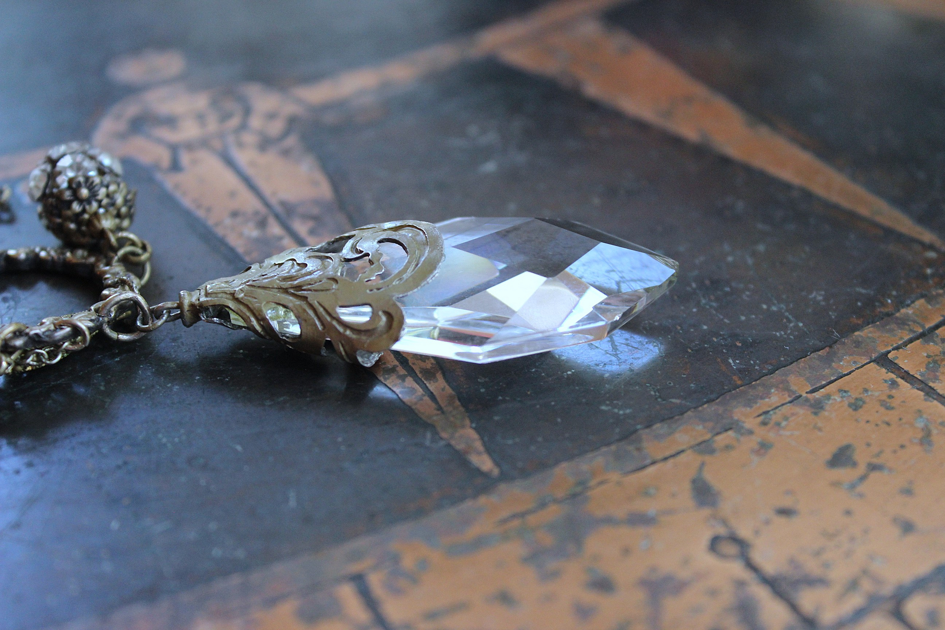 NEW! Stardust Soul Necklace w/Unique Capped Faceted Crystal,Antique Cut Steel & Gold Angel Wing,Antique Cut Steel Moon & Star Drop & More!