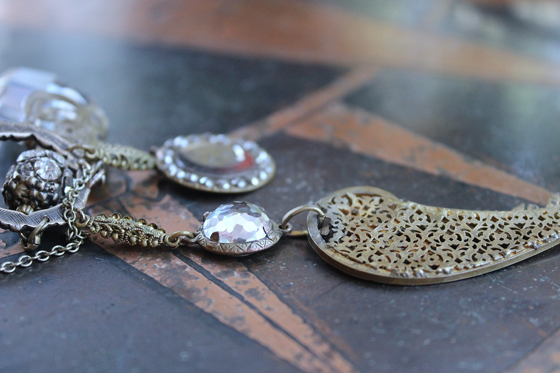 NEW! Stardust Soul Necklace w/Unique Capped Faceted Crystal,Antique Cut Steel & Gold Angel Wing,Antique Cut Steel Moon & Star Drop & More!