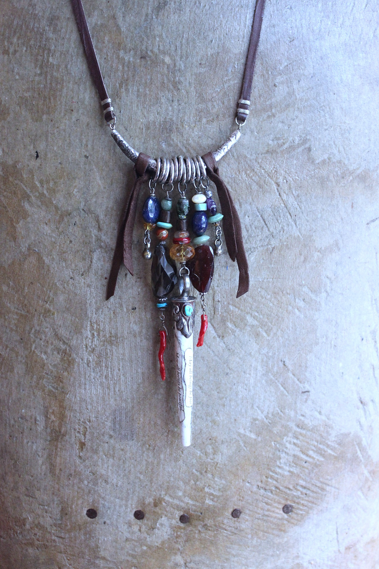 NEW! May all Beings Necklace with Faceted Gemstones & Turquoise, Silver Repousse Metta Prayer Pendant,Red Coral & Sterling Connector