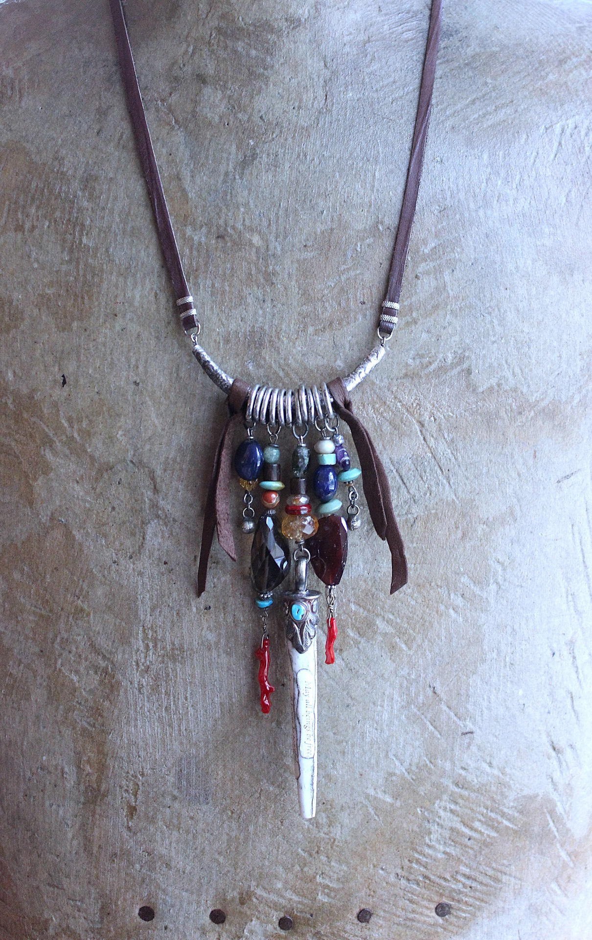 NEW! May all Beings Necklace with Faceted Gemstones & Turquoise, Silver Repousse Metta Prayer Pendant,Red Coral & Sterling Connector