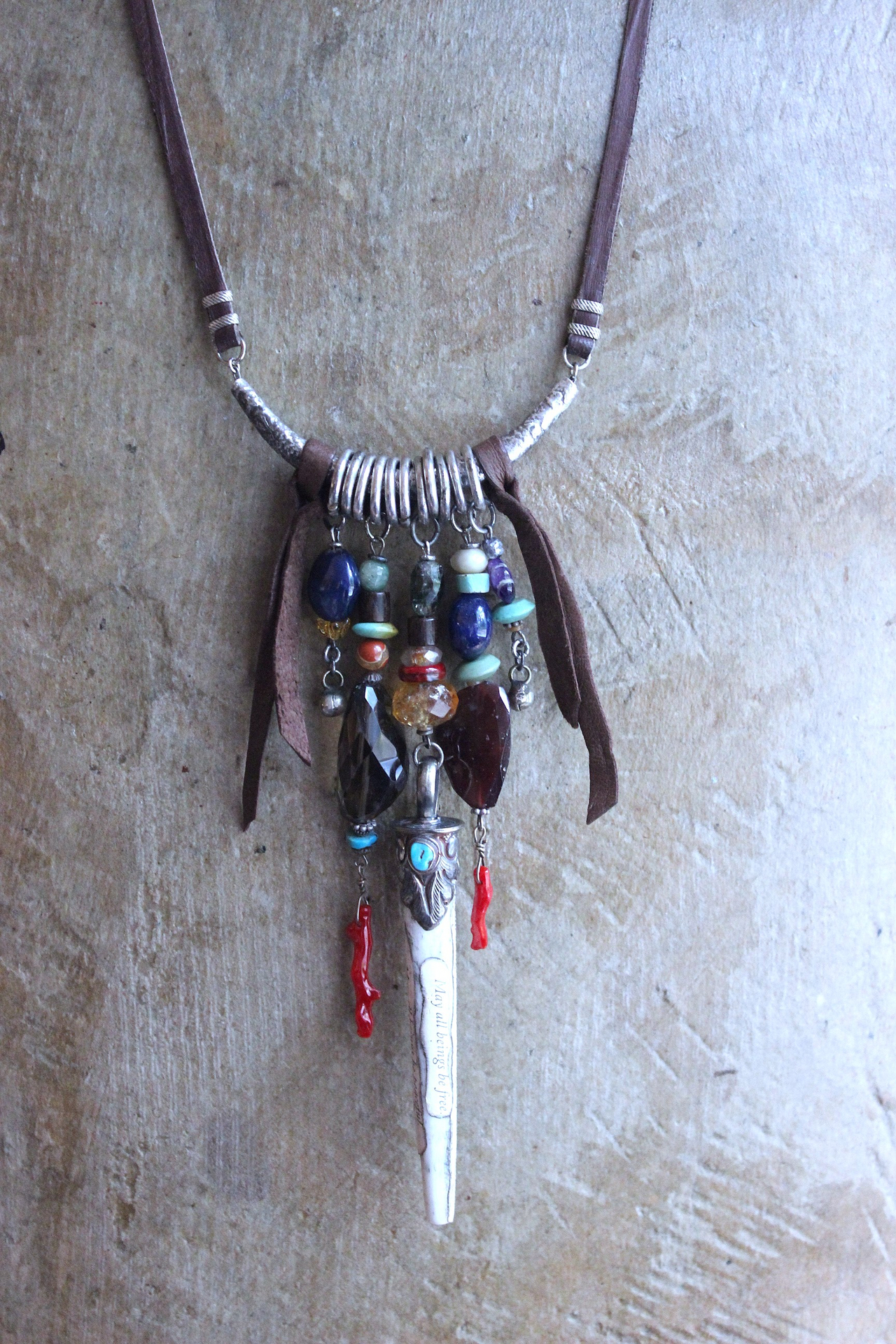 NEW! May all Beings Necklace with Faceted Gemstones & Turquoise, Silver Repousse Metta Prayer Pendant,Red Coral & Sterling Connector