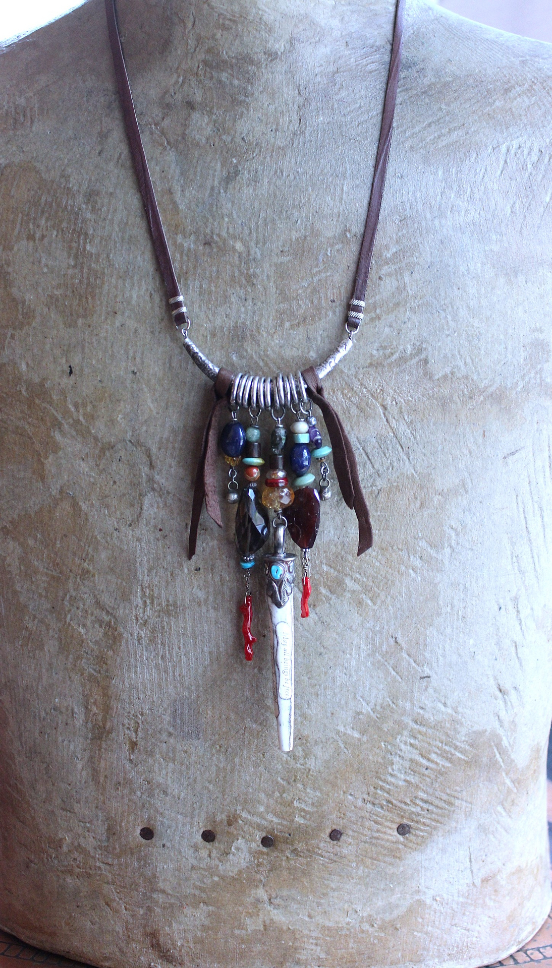 NEW! May all Beings Necklace with Faceted Gemstones & Turquoise, Silver Repousse Metta Prayer Pendant,Red Coral & Sterling Connector