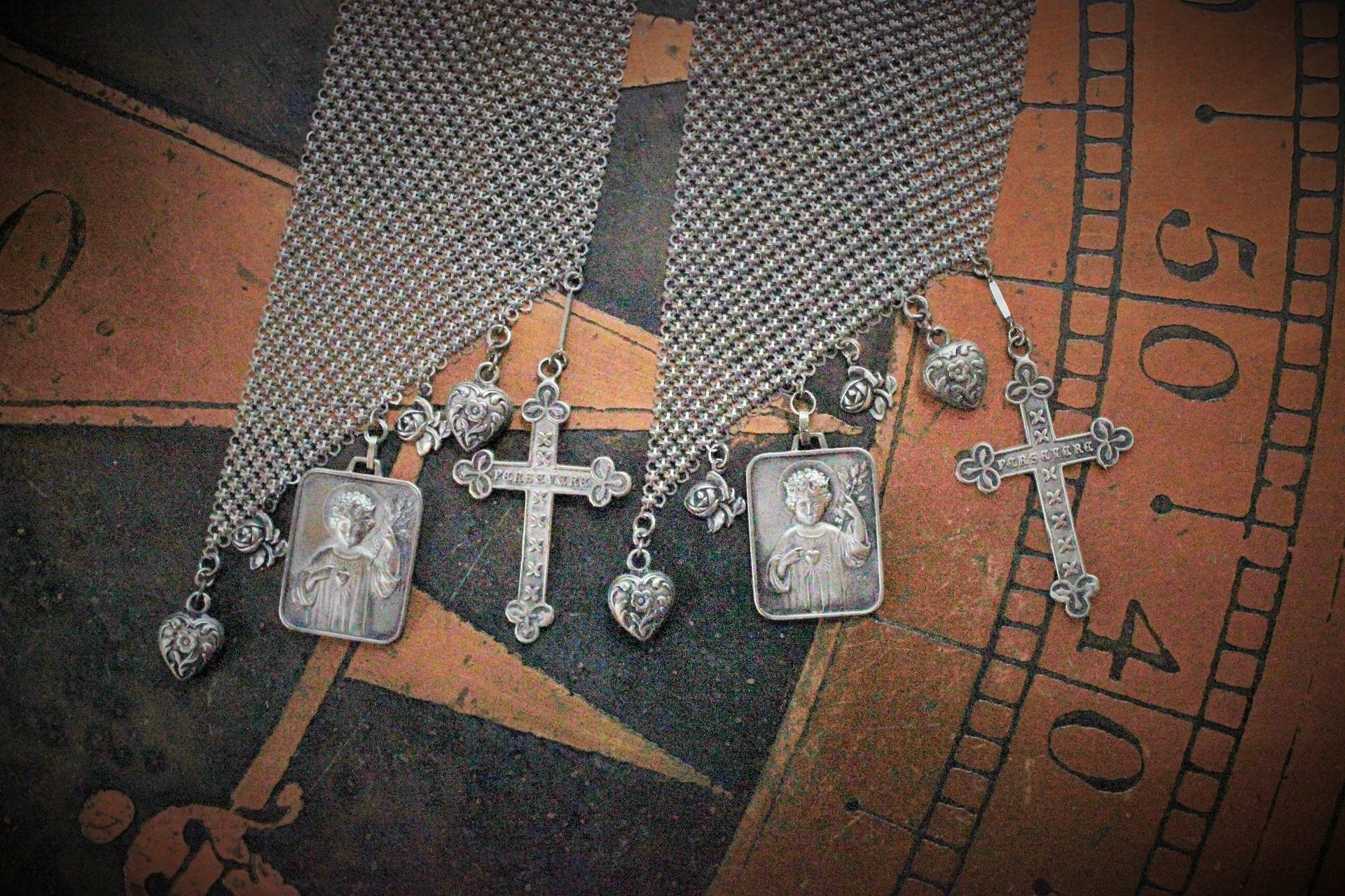 SOLD to K Amazing Whiting & Davis Mesh Scarf,Vintage French Roi D'Amour (King of Love) Medals,Reposse Puffy Hearts,St. Therese Rose Medals & Persevere Crosses
