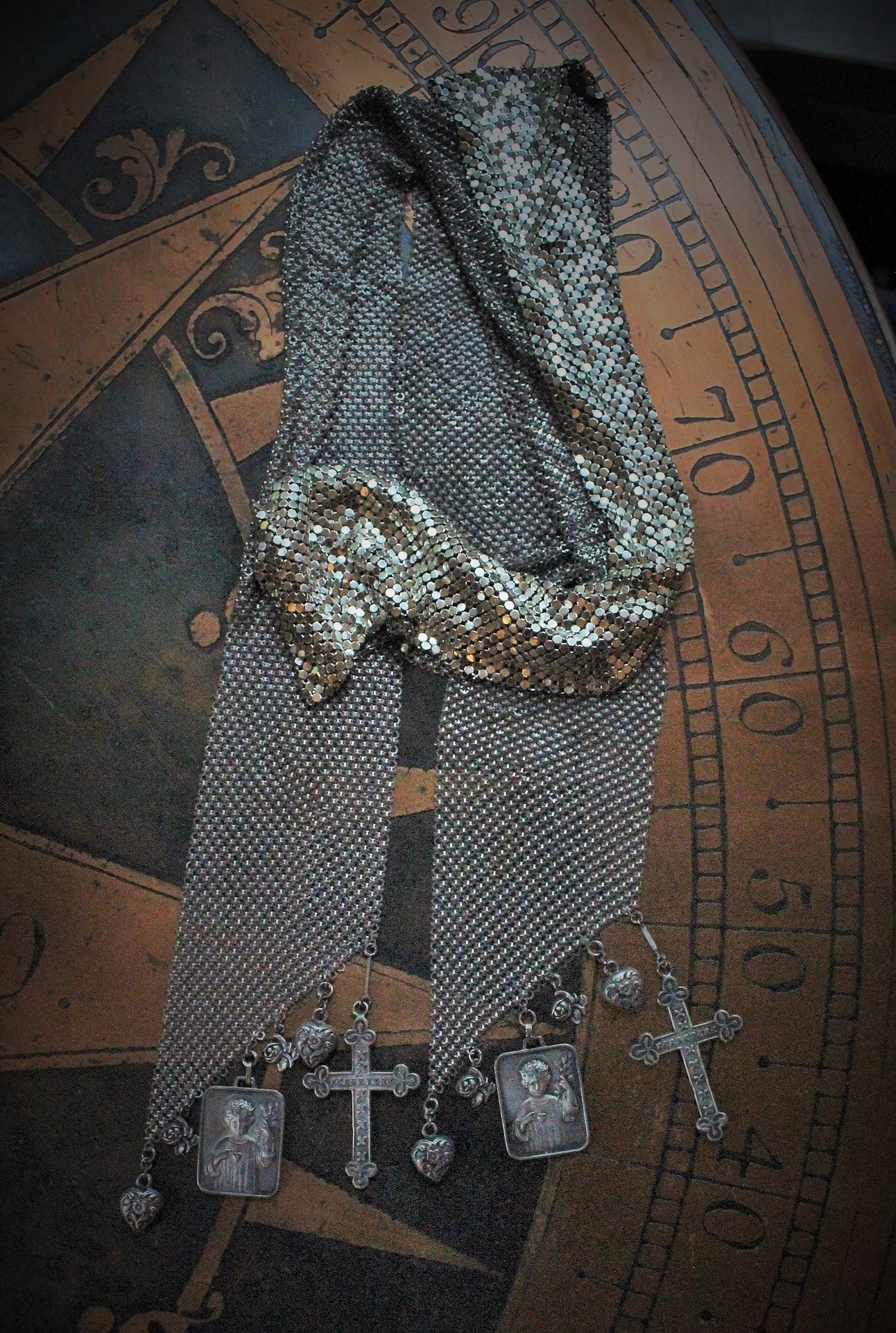 SOLD to K Amazing Whiting & Davis Mesh Scarf,Vintage French Roi D'Amour (King of Love) Medals,Reposse Puffy Hearts,St. Therese Rose Medals & Persevere Crosses