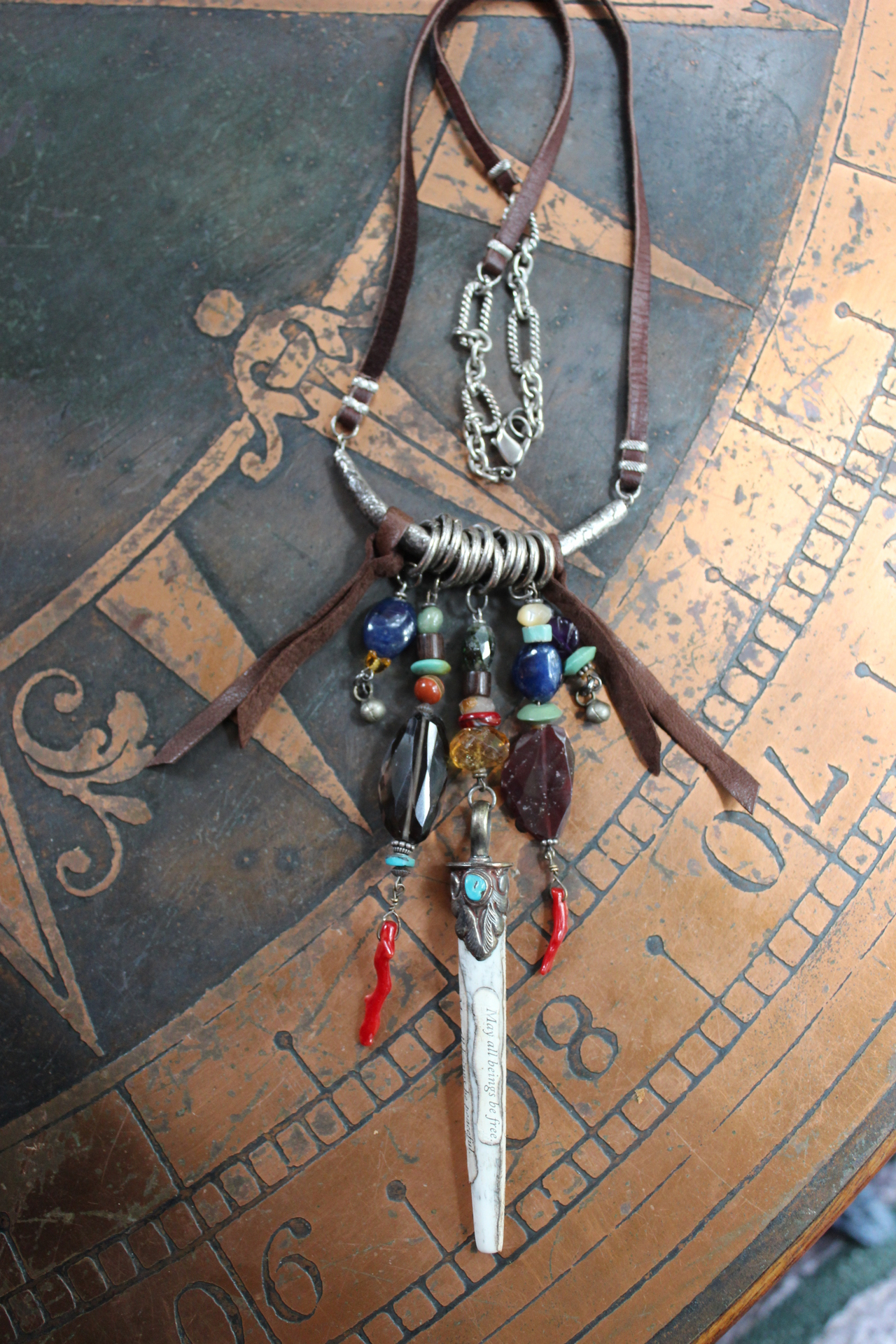 NEW! May all Beings Necklace with Faceted Gemstones & Turquoise, Silver Repousse Metta Prayer Pendant,Red Coral & Sterling Connector