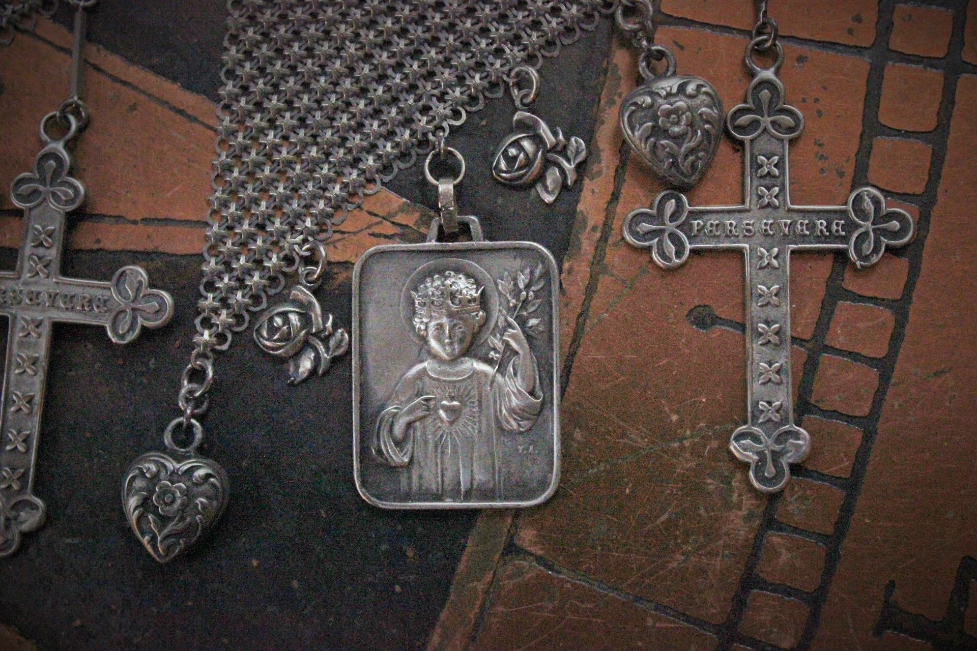 SOLD to K Amazing Whiting & Davis Mesh Scarf,Vintage French Roi D'Amour (King of Love) Medals,Reposse Puffy Hearts,St. Therese Rose Medals & Persevere Crosses