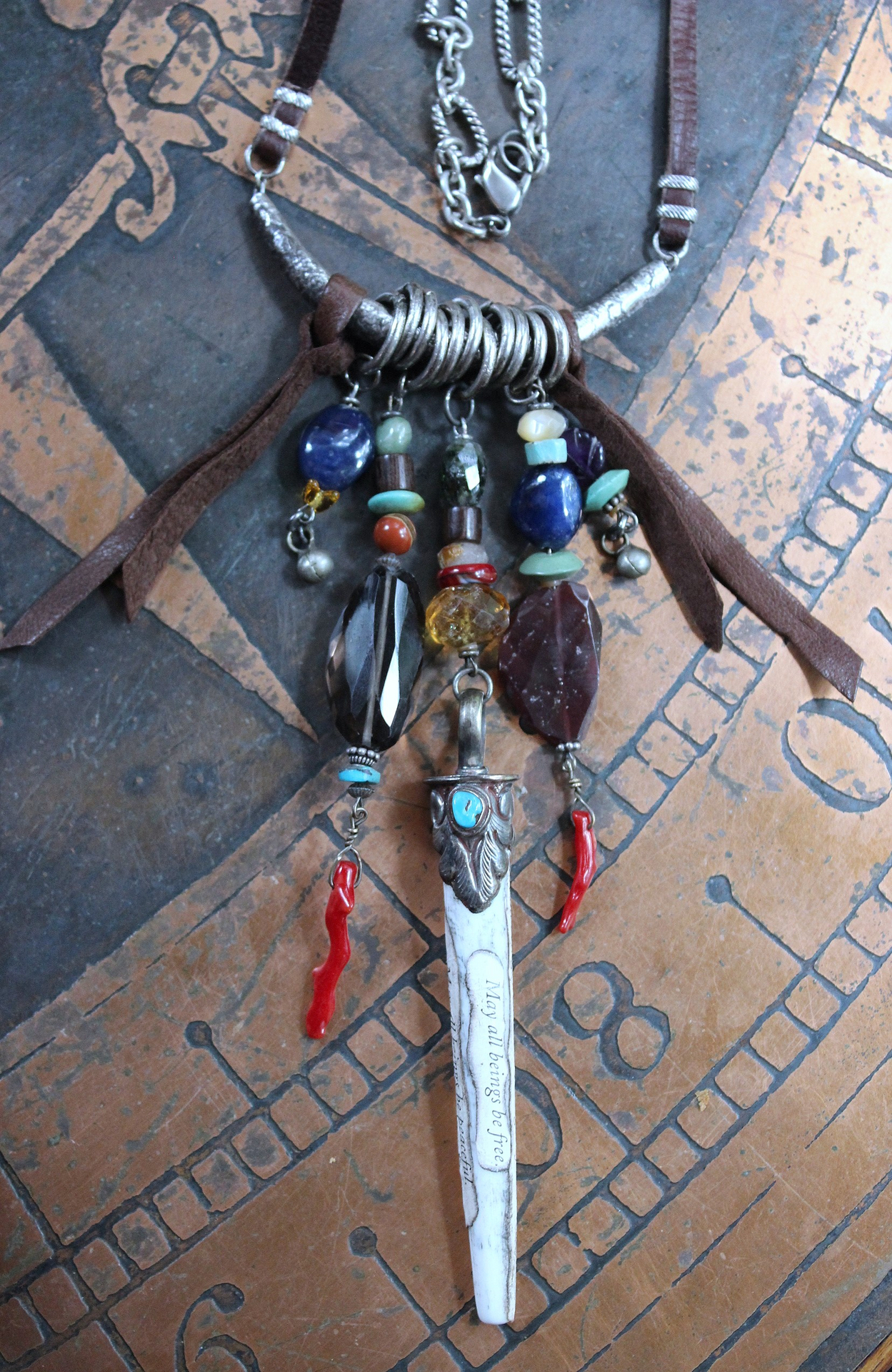 NEW! May all Beings Necklace with Faceted Gemstones & Turquoise, Silver Repousse Metta Prayer Pendant,Red Coral & Sterling Connector