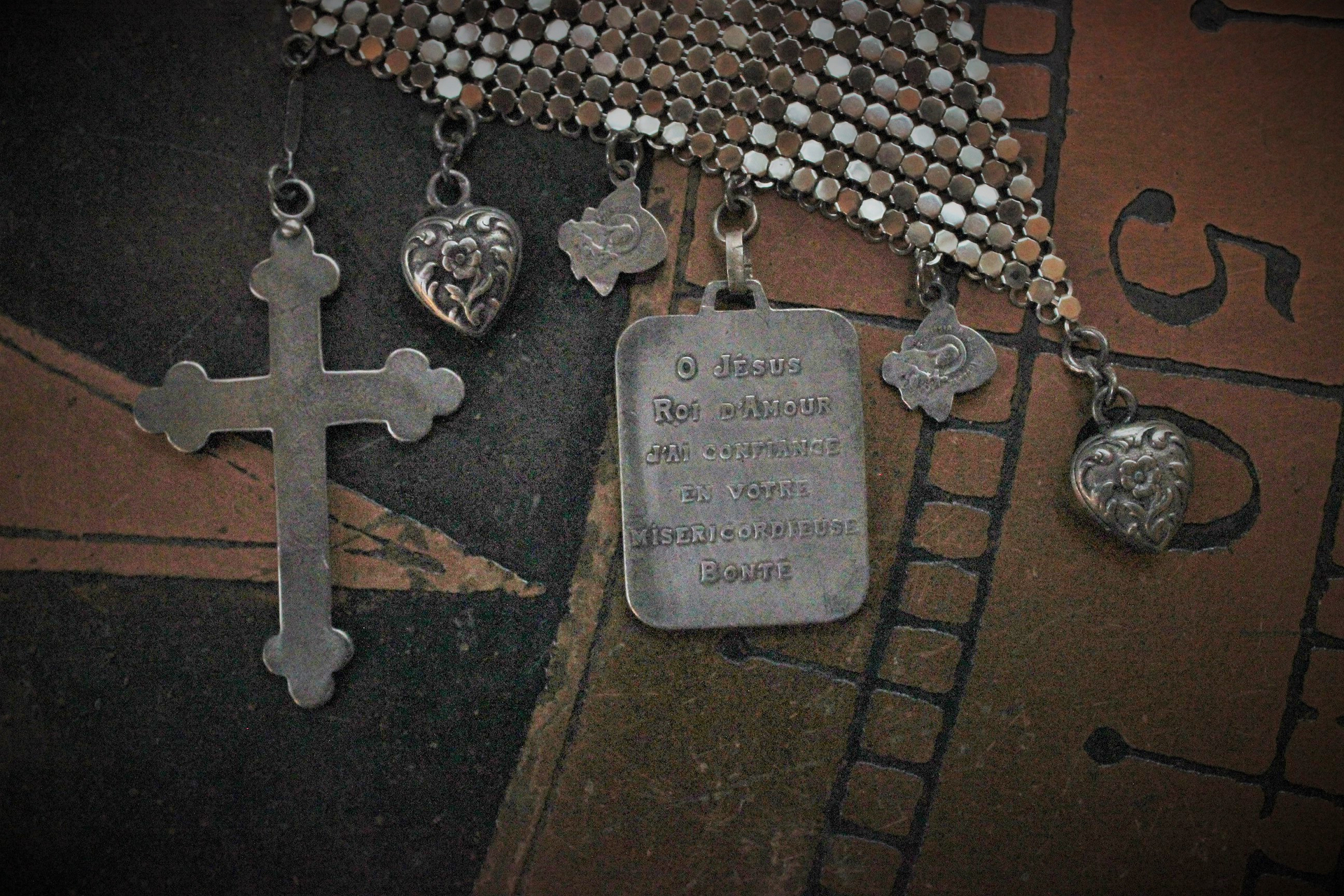 SOLD to K Amazing Whiting & Davis Mesh Scarf,Vintage French Roi D'Amour (King of Love) Medals,Reposse Puffy Hearts,St. Therese Rose Medals & Persevere Crosses