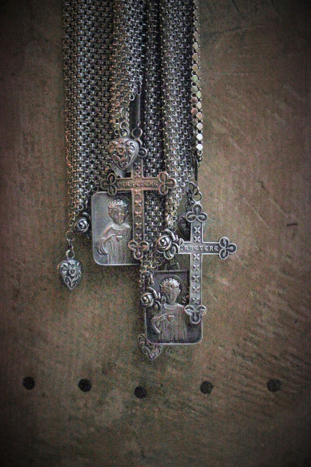 SOLD to K Amazing Whiting & Davis Mesh Scarf,Vintage French Roi D'Amour (King of Love) Medals,Reposse Puffy Hearts,St. Therese Rose Medals & Persevere Crosses