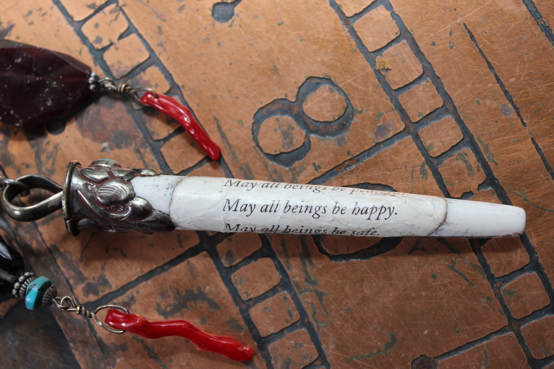 NEW! May all Beings Necklace with Faceted Gemstones & Turquoise, Silver Repousse Metta Prayer Pendant,Red Coral & Sterling Connector