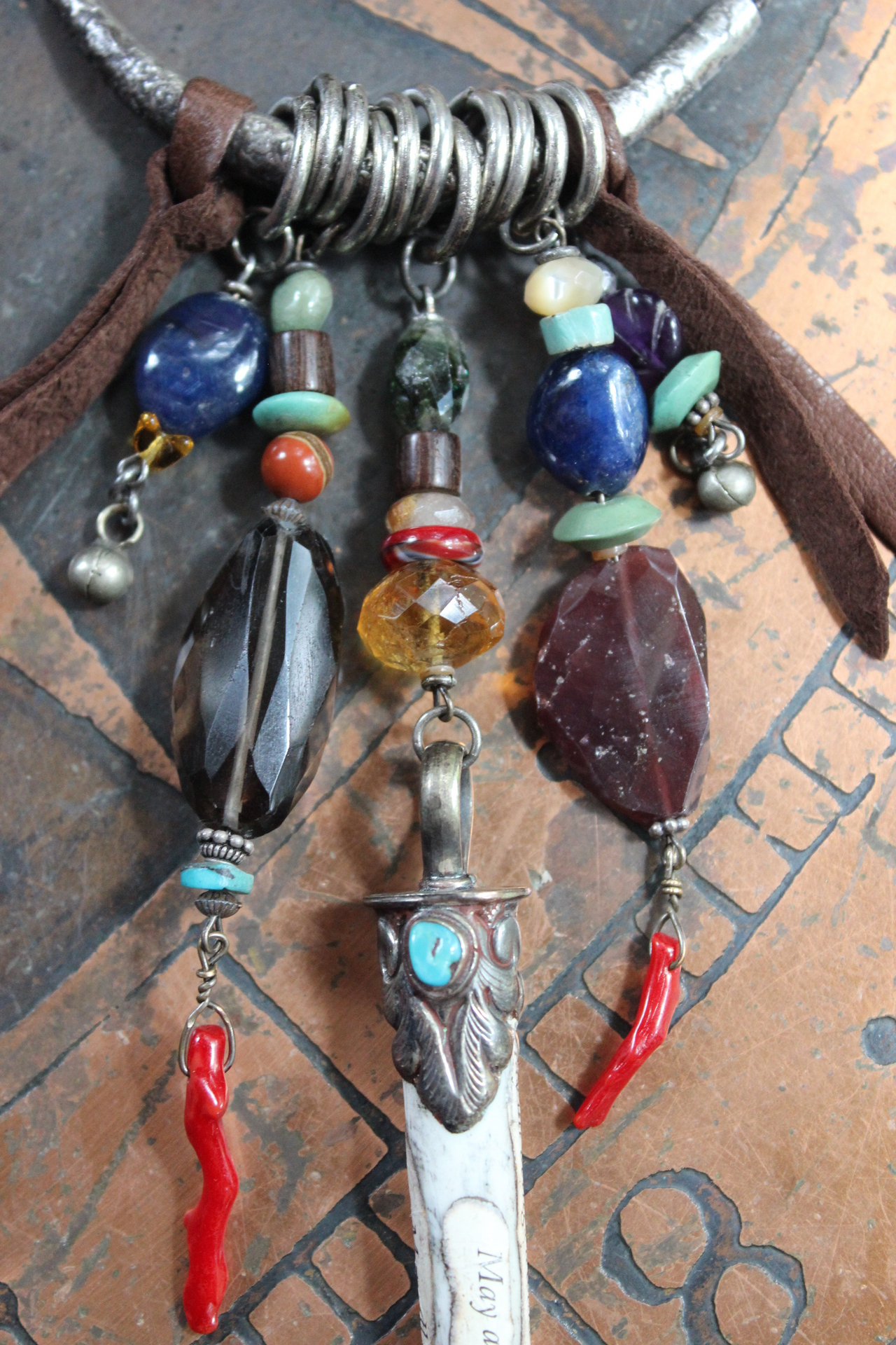 NEW! May all Beings Necklace with Faceted Gemstones & Turquoise, Silver Repousse Metta Prayer Pendant,Red Coral & Sterling Connector