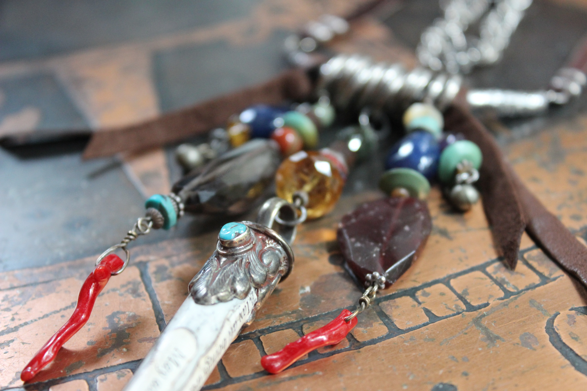 NEW! May all Beings Necklace with Faceted Gemstones & Turquoise, Silver Repousse Metta Prayer Pendant,Red Coral & Sterling Connector