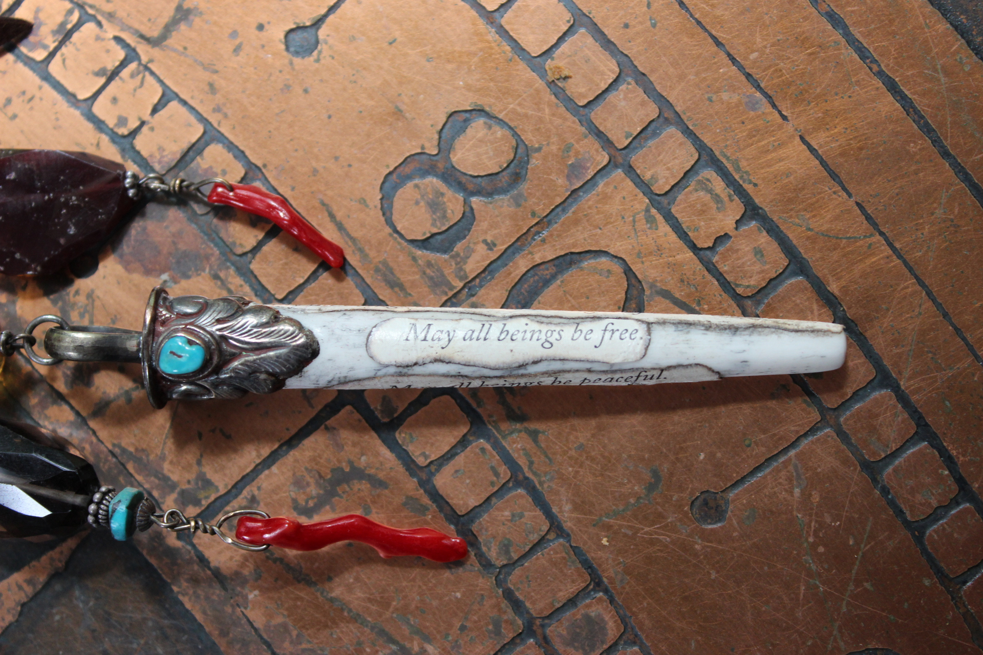 NEW! May all Beings Necklace with Faceted Gemstones & Turquoise, Silver Repousse Metta Prayer Pendant,Red Coral & Sterling Connector