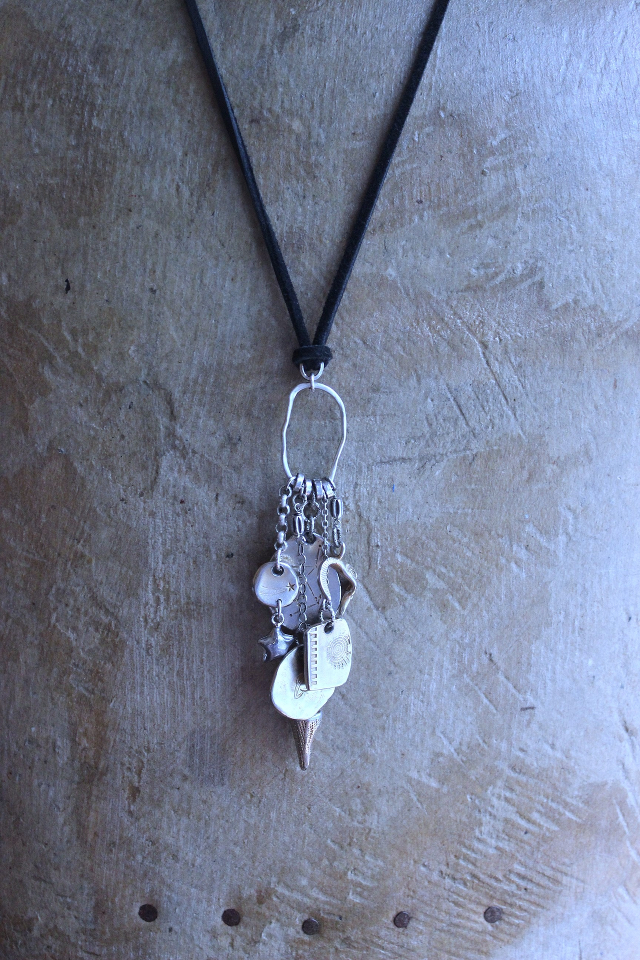 NEW! Cosmic Amulet Necklace with OOAK Silver & Gold Etched Charms, Puffy Star, Premium Black Suede Leather Ties