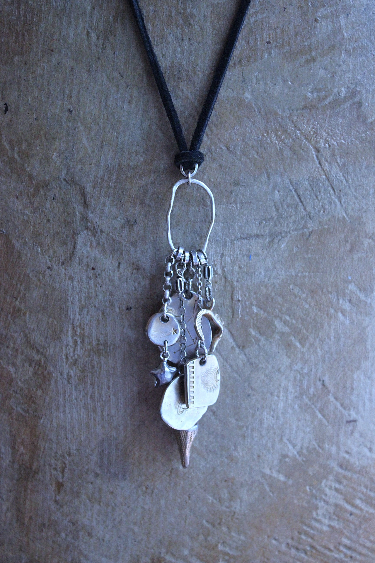 NEW! Cosmic Amulet Necklace with OOAK Silver & Gold Etched Charms, Puffy Star, Premium Black Suede Leather Ties