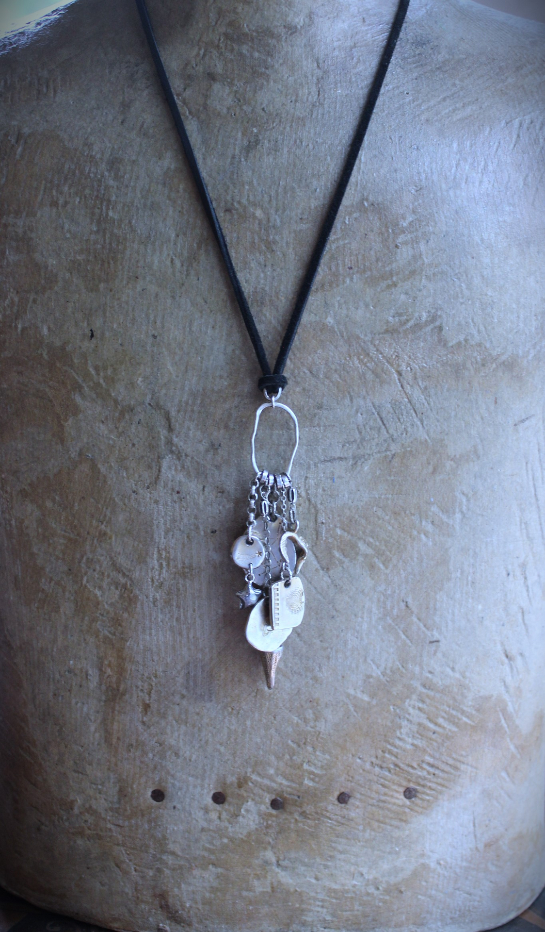 NEW! Cosmic Amulet Necklace with OOAK Silver & Gold Etched Charms, Puffy Star, Premium Black Suede Leather Ties