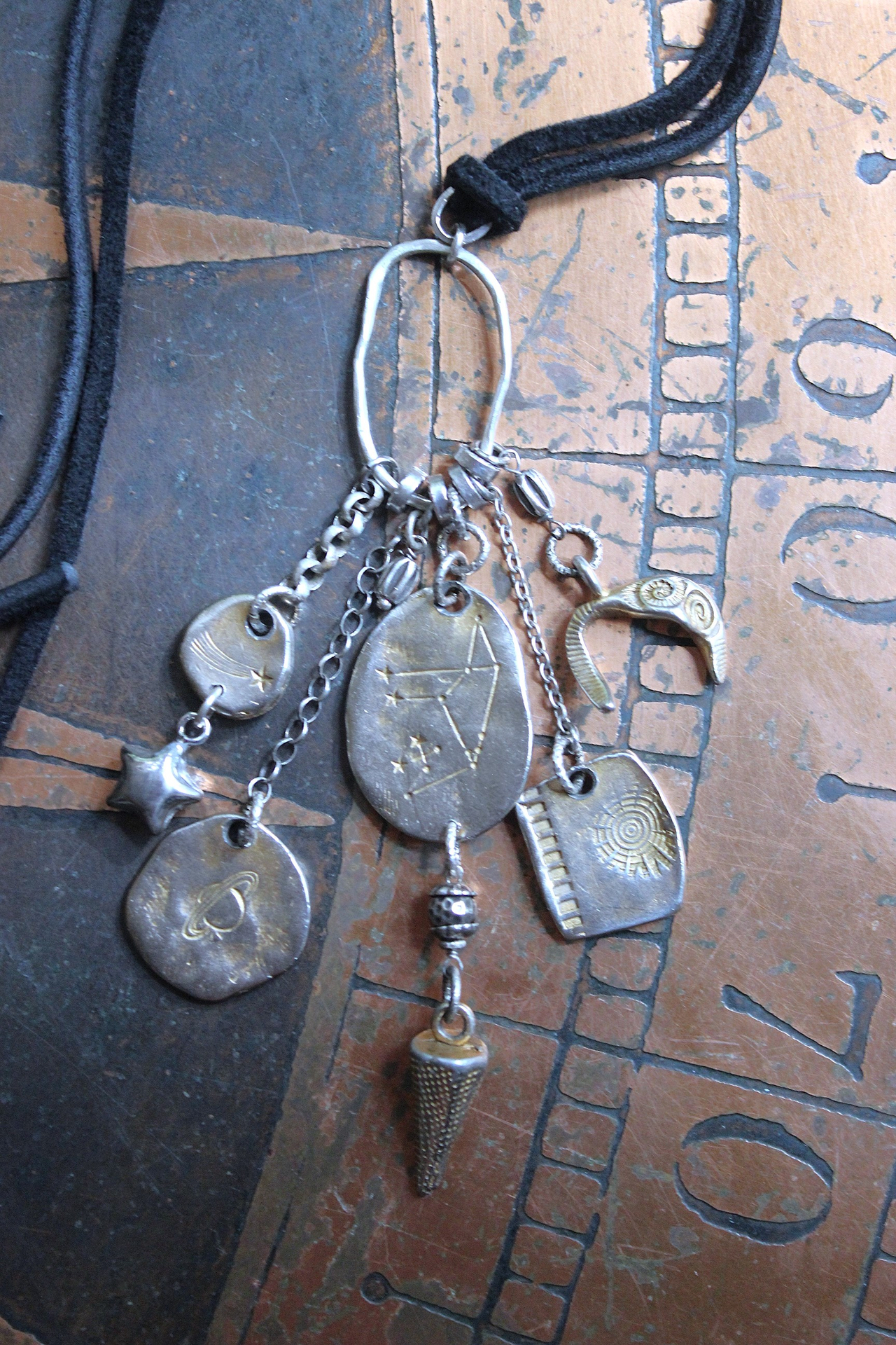NEW! Cosmic Amulet Necklace with OOAK Silver & Gold Etched Charms, Puffy Star, Premium Black Suede Leather Ties