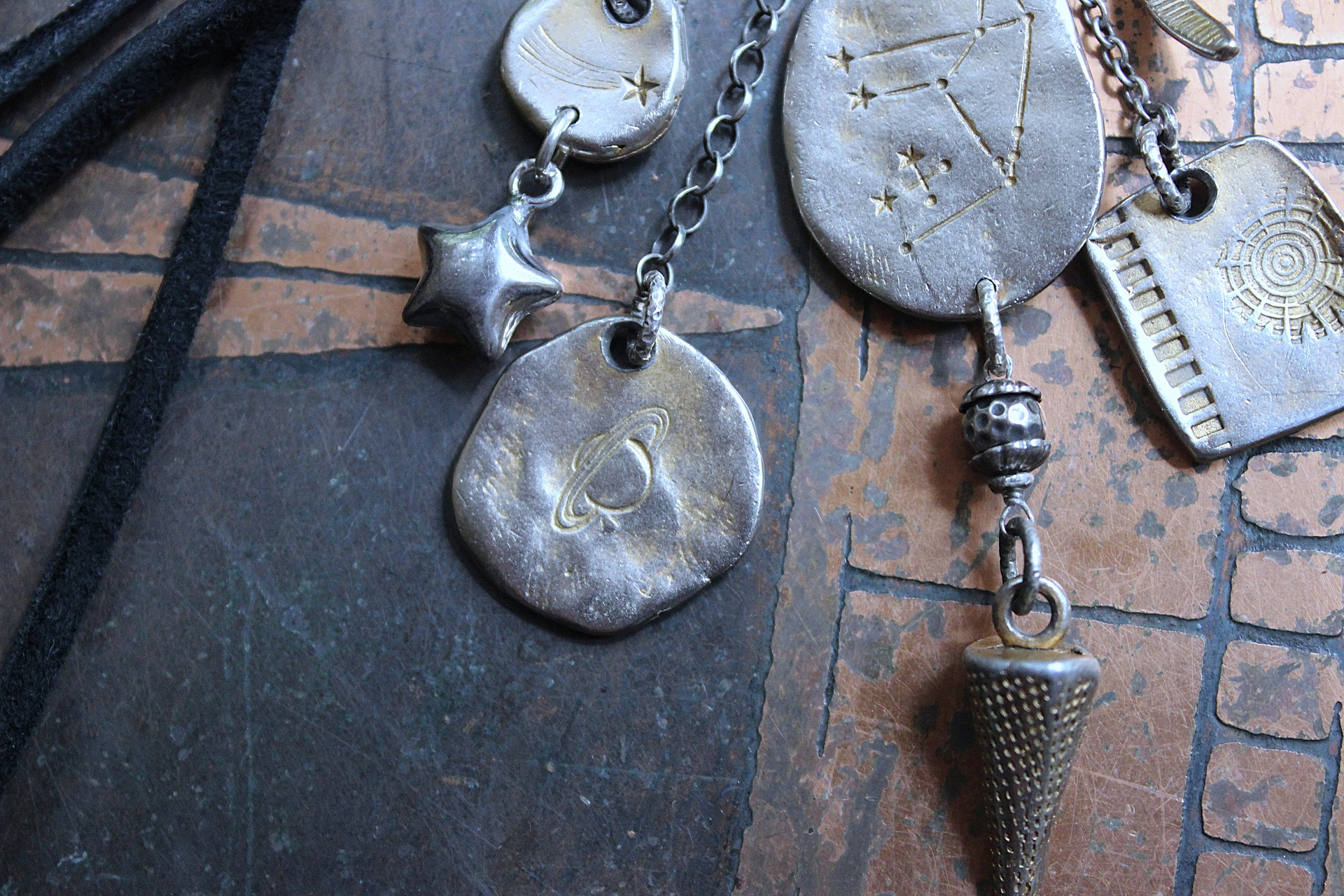 NEW! Cosmic Amulet Necklace with OOAK Silver & Gold Etched Charms, Puffy Star, Premium Black Suede Leather Ties