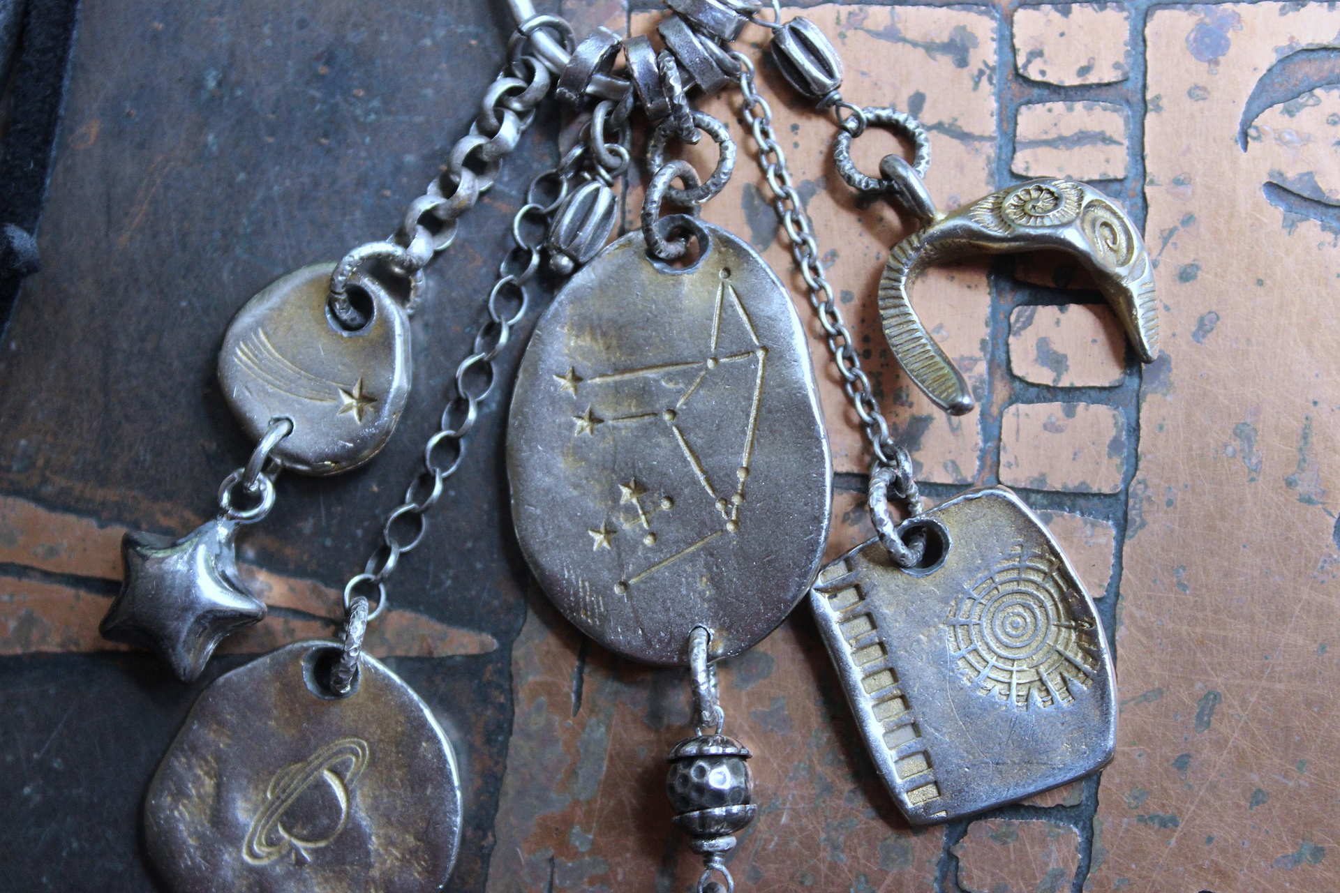 NEW! Cosmic Amulet Necklace with OOAK Silver & Gold Etched Charms, Puffy Star, Premium Black Suede Leather Ties
