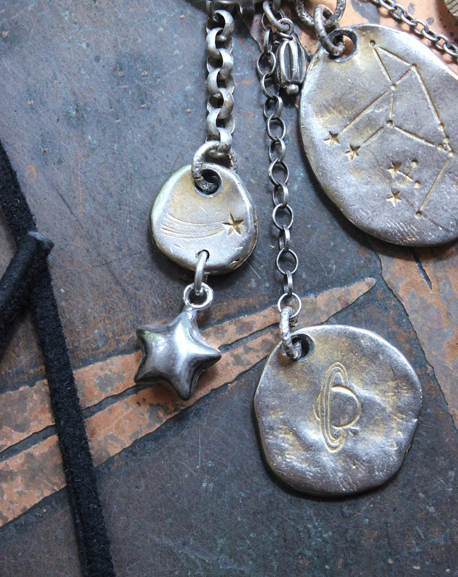 NEW! Cosmic Amulet Necklace with OOAK Silver & Gold Etched Charms, Puffy Star, Premium Black Suede Leather Ties