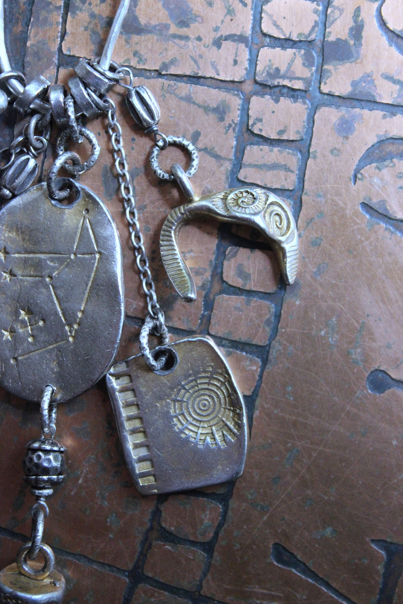 NEW! Cosmic Amulet Necklace with OOAK Silver & Gold Etched Charms, Puffy Star, Premium Black Suede Leather Ties