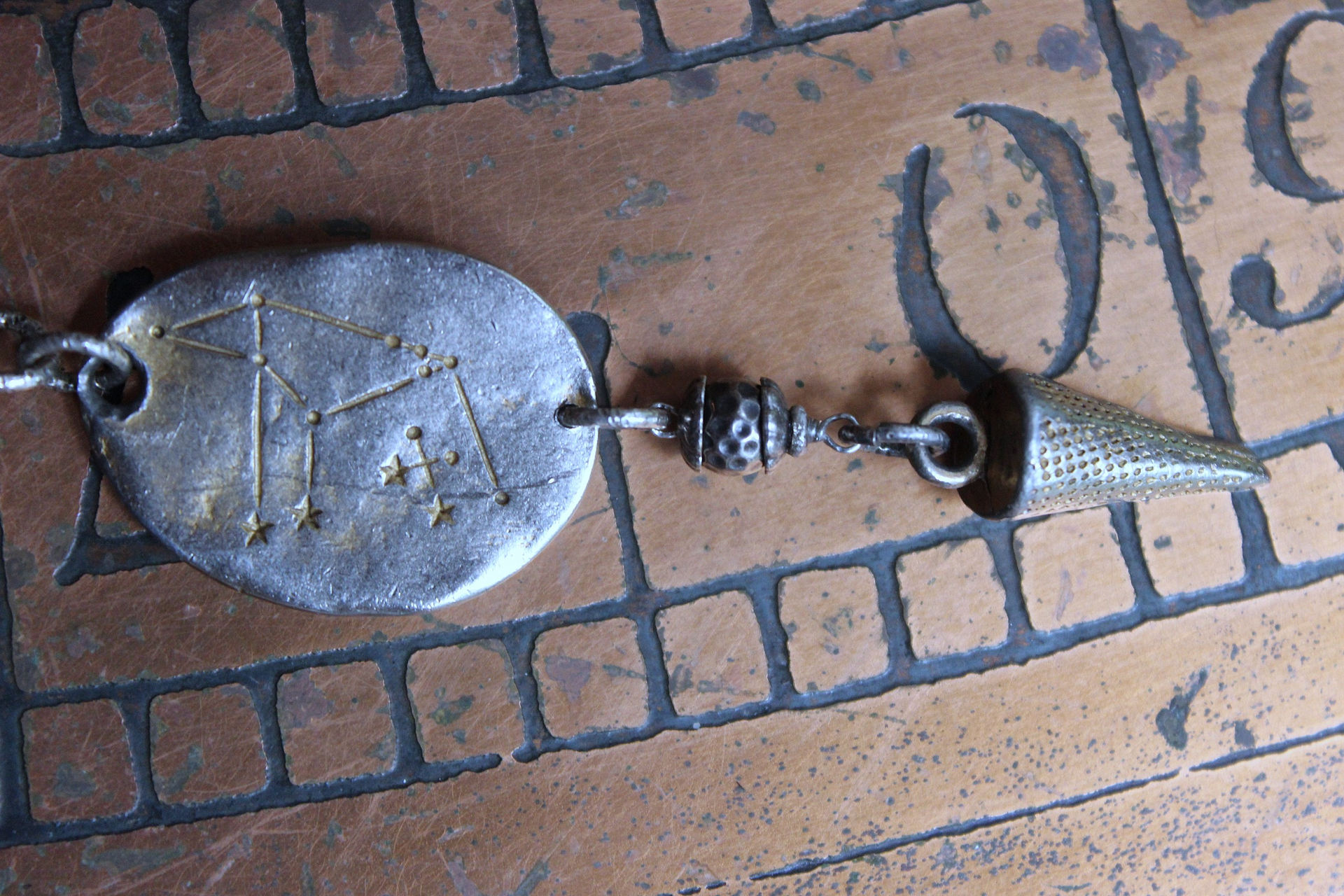 NEW! Cosmic Amulet Necklace with OOAK Silver & Gold Etched Charms, Puffy Star, Premium Black Suede Leather Ties