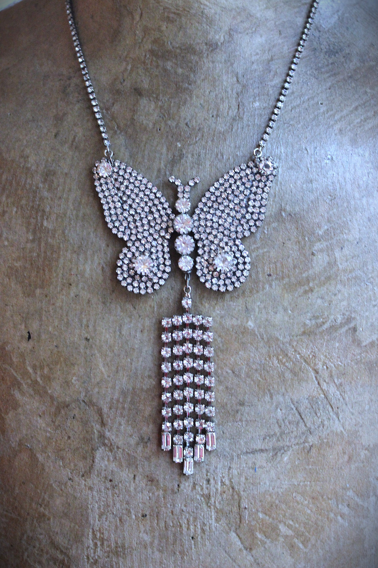 NEW! Learn to Fly Necklace with Antique 1920's Prong Set Rhinestone Butterfly, Tassel and Chain