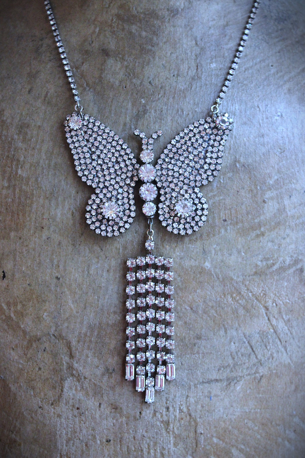 NEW! Learn to Fly Necklace with Antique 1920's Prong Set Rhinestone Butterfly, Tassel and Chain