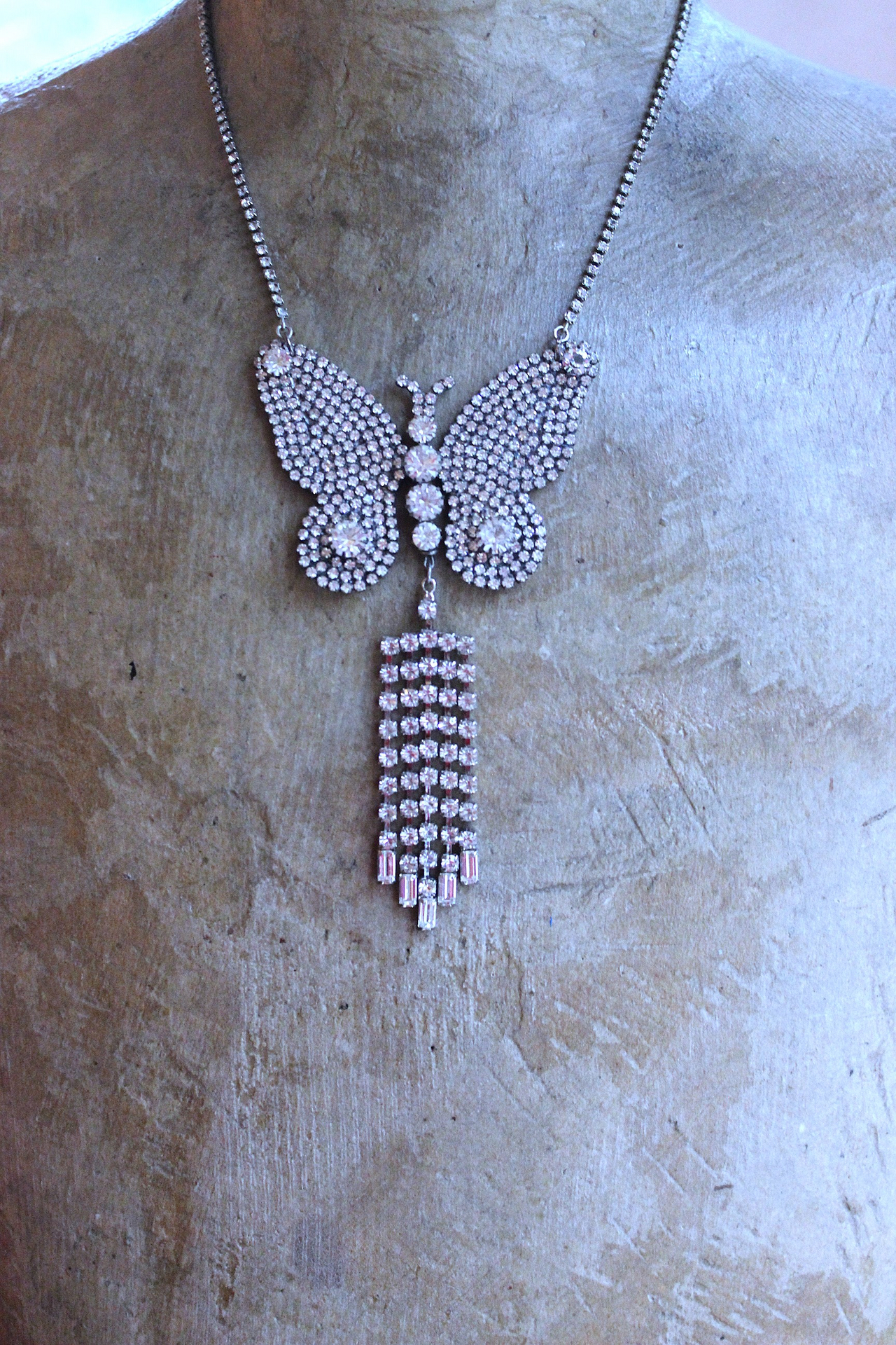 NEW! Learn to Fly Necklace with Antique 1920's Prong Set Rhinestone Butterfly, Tassel and Chain
