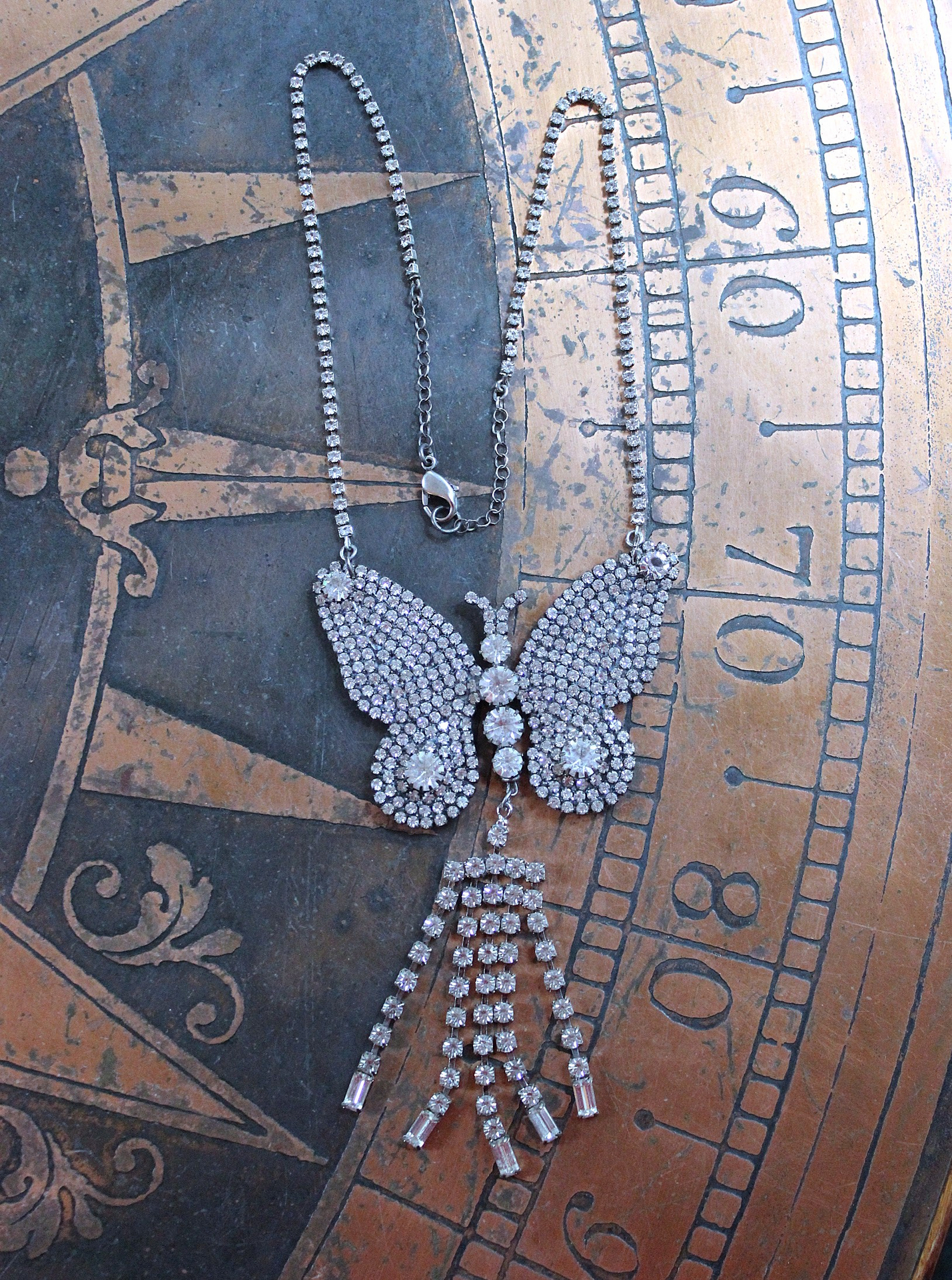 NEW! Learn to Fly Necklace with Antique 1920's Prong Set Rhinestone Butterfly, Tassel and Chain