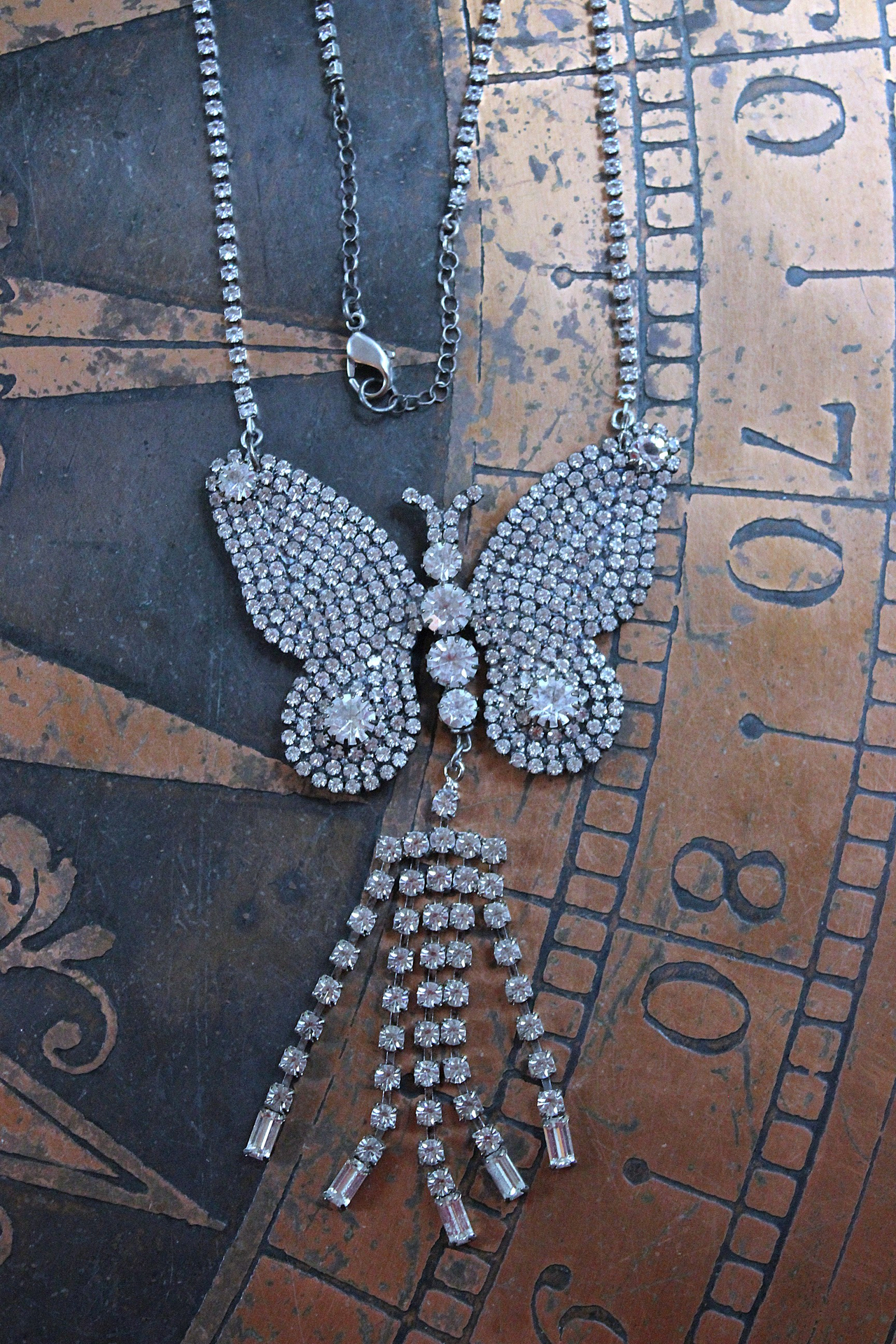 NEW! Learn to Fly Necklace with Antique 1920's Prong Set Rhinestone Butterfly, Tassel and Chain