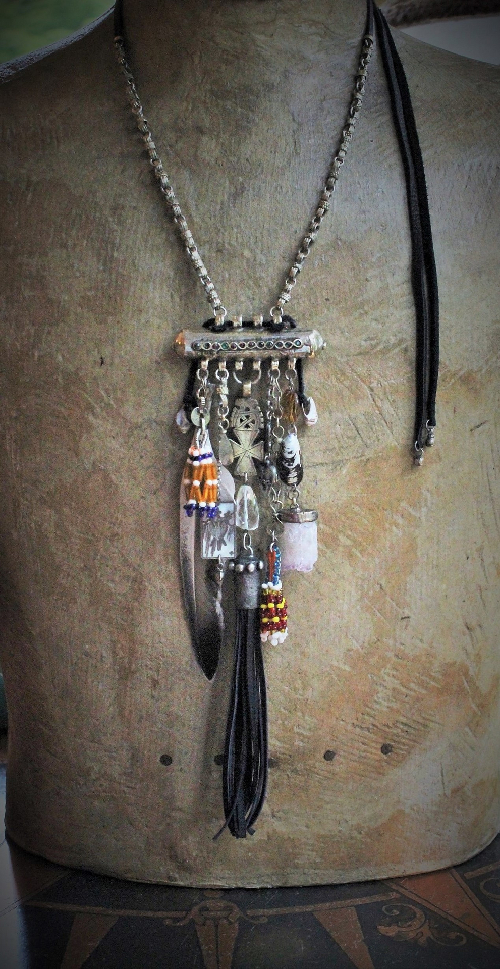 Joy & Pain Necklace w/Antique Gypsy Kuchi Pendant,Sterling Engraved 3 of Swords Tarot Medal,Antique Beaded Banajra Tassels,Faceted Clear Rock Quartz+ More!