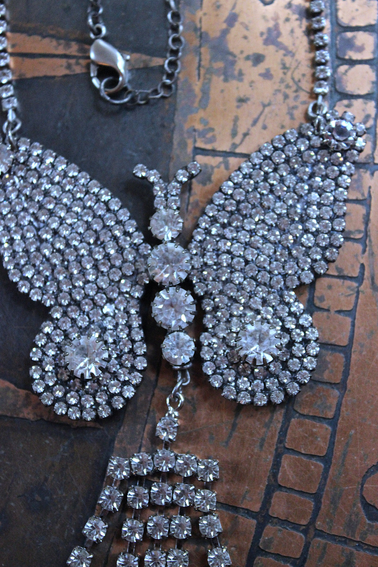 NEW! Learn to Fly Necklace with Antique 1920's Prong Set Rhinestone Butterfly, Tassel and Chain