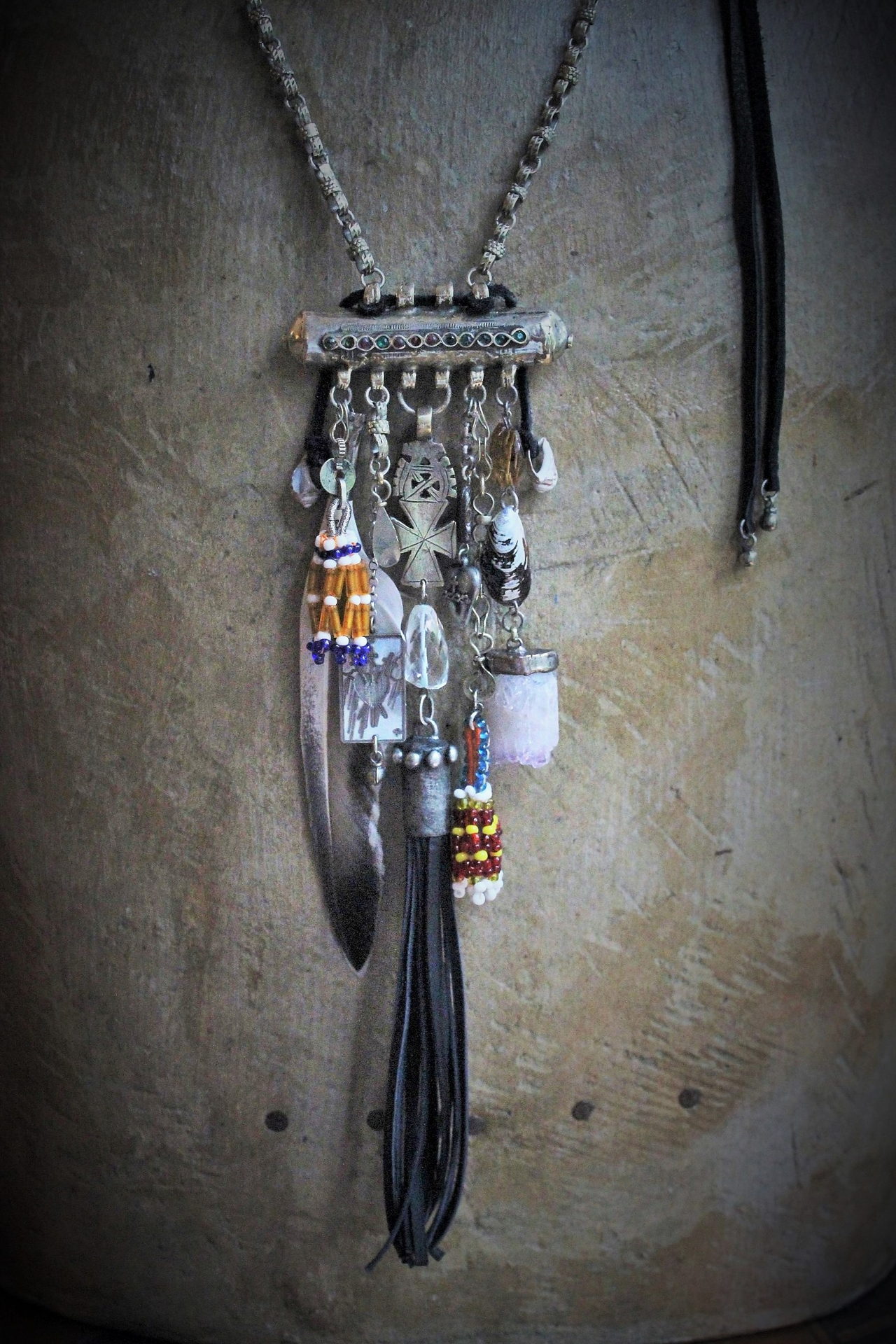 Joy & Pain Necklace w/Antique Gypsy Kuchi Pendant,Sterling Engraved 3 of Swords Tarot Medal,Antique Beaded Banajra Tassels,Faceted Clear Rock Quartz+ More!