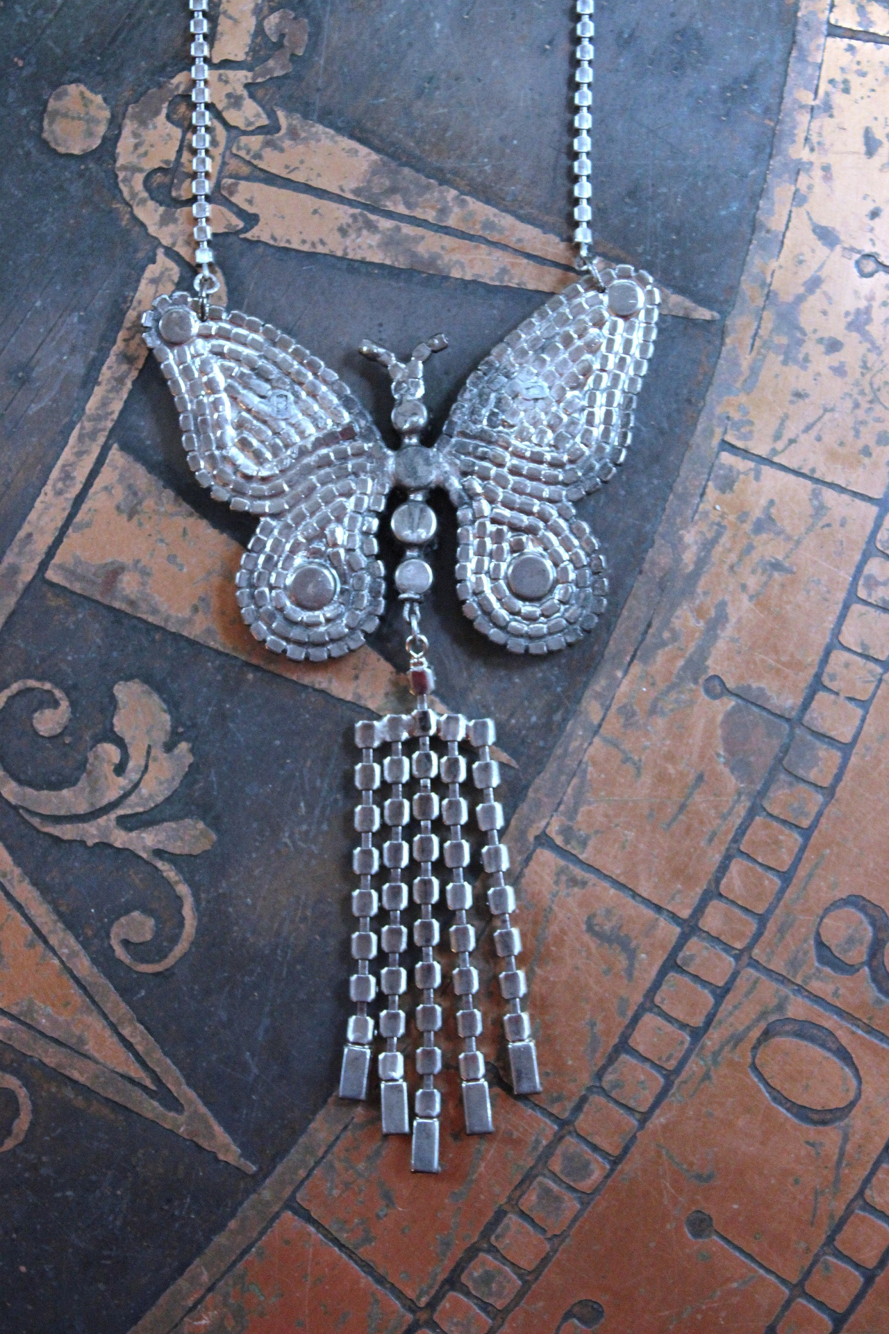 NEW! Learn to Fly Necklace with Antique 1920's Prong Set Rhinestone Butterfly, Tassel and Chain