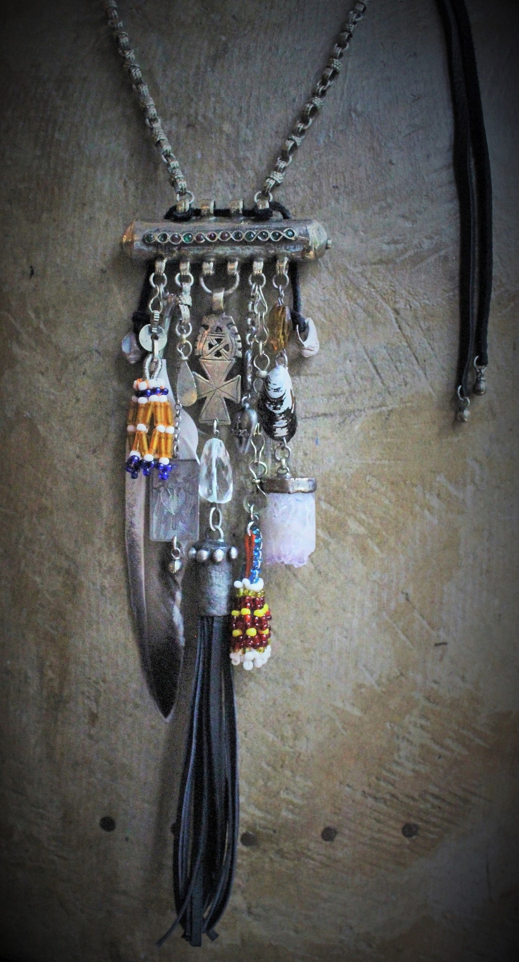Joy & Pain Necklace w/Antique Gypsy Kuchi Pendant,Sterling Engraved 3 of Swords Tarot Medal,Antique Beaded Banajra Tassels,Faceted Clear Rock Quartz+ More!