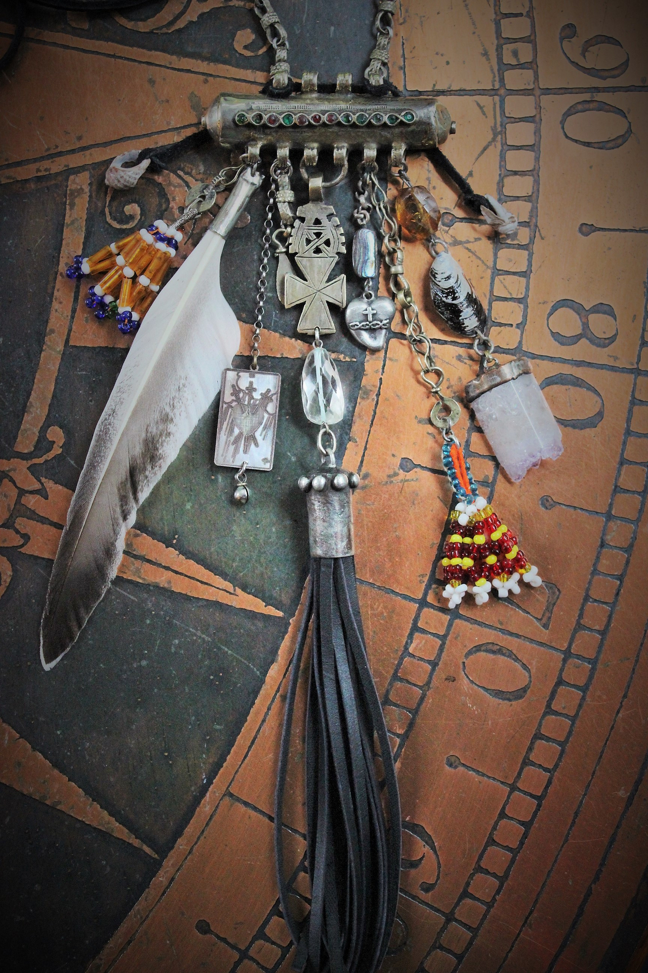 Joy & Pain Necklace w/Antique Gypsy Kuchi Pendant,Sterling Engraved 3 of Swords Tarot Medal,Antique Beaded Banajra Tassels,Faceted Clear Rock Quartz+ More!