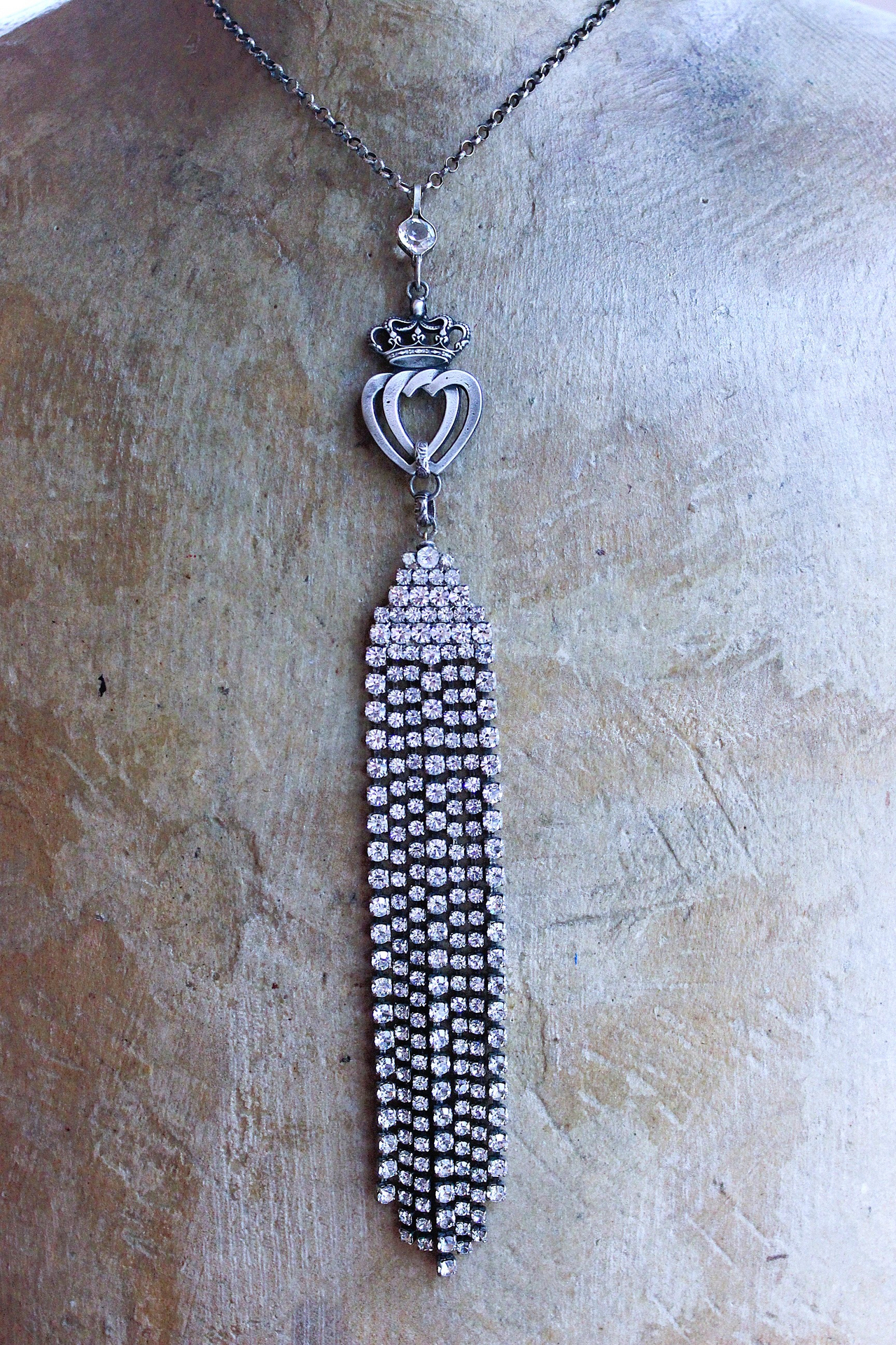 NEW! Two Hearts Necklace w/Vintage Faceted Prong Set Rhinestone Tassel, Two Hearts & Crown Medal,Sterling Belcher Chain