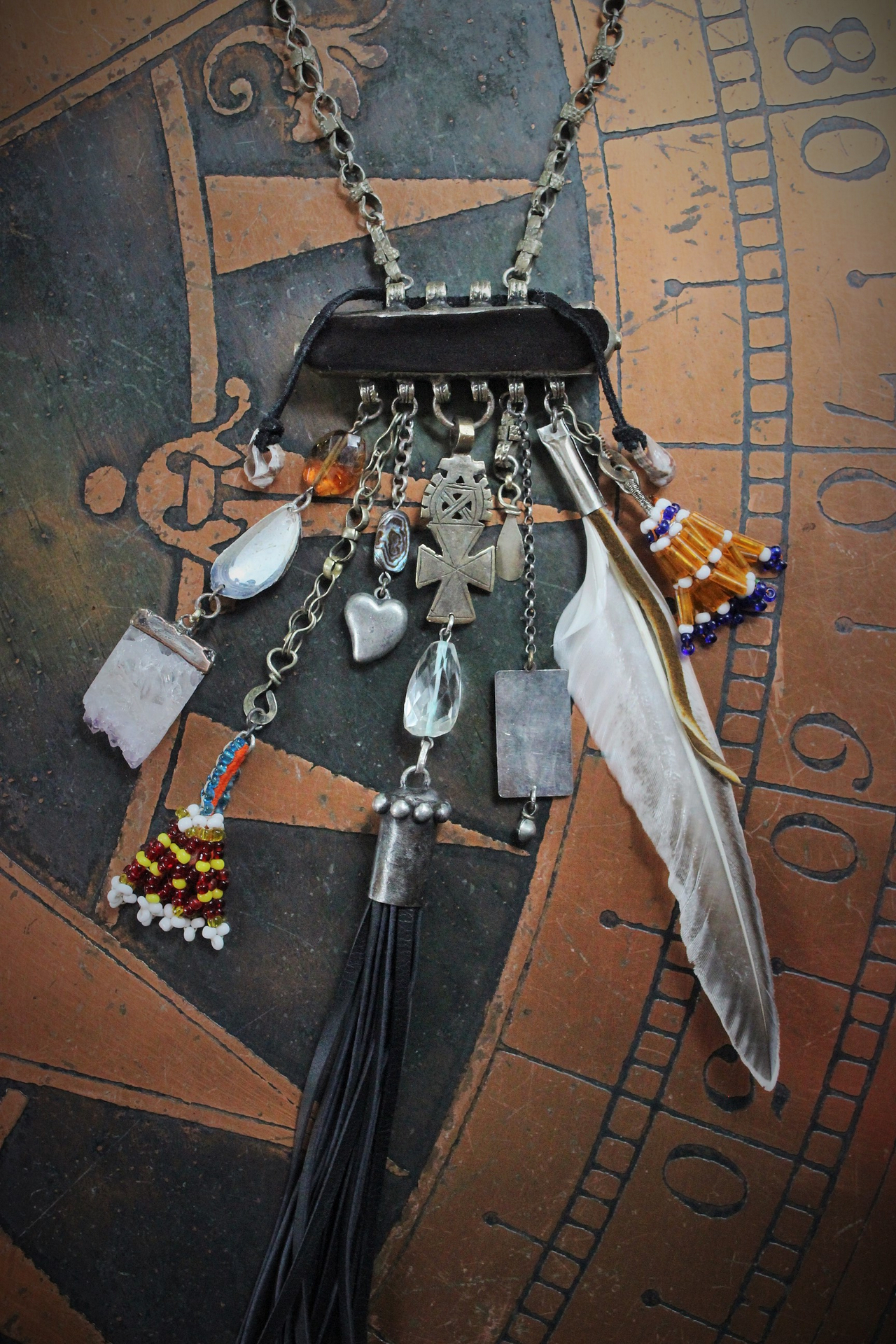 Joy & Pain Necklace w/Antique Gypsy Kuchi Pendant,Sterling Engraved 3 of Swords Tarot Medal,Antique Beaded Banajra Tassels,Faceted Clear Rock Quartz+ More!