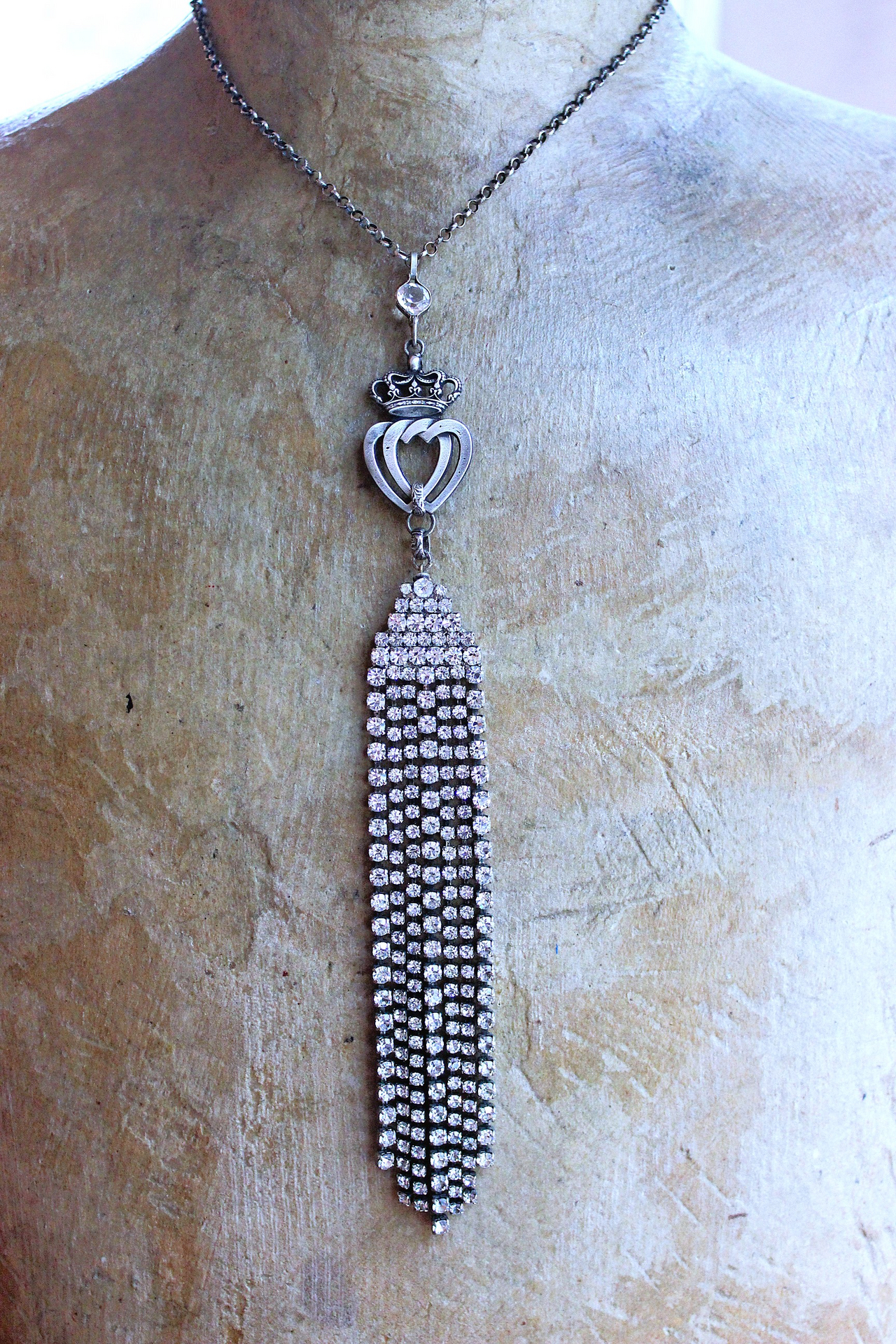 NEW! Two Hearts Necklace w/Vintage Faceted Prong Set Rhinestone Tassel, Two Hearts & Crown Medal,Sterling Belcher Chain