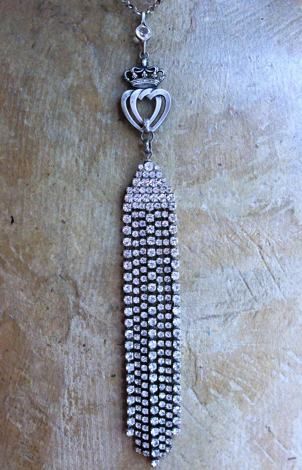 NEW! Two Hearts Necklace w/Vintage Faceted Prong Set Rhinestone Tassel, Two Hearts & Crown Medal,Sterling Belcher Chain