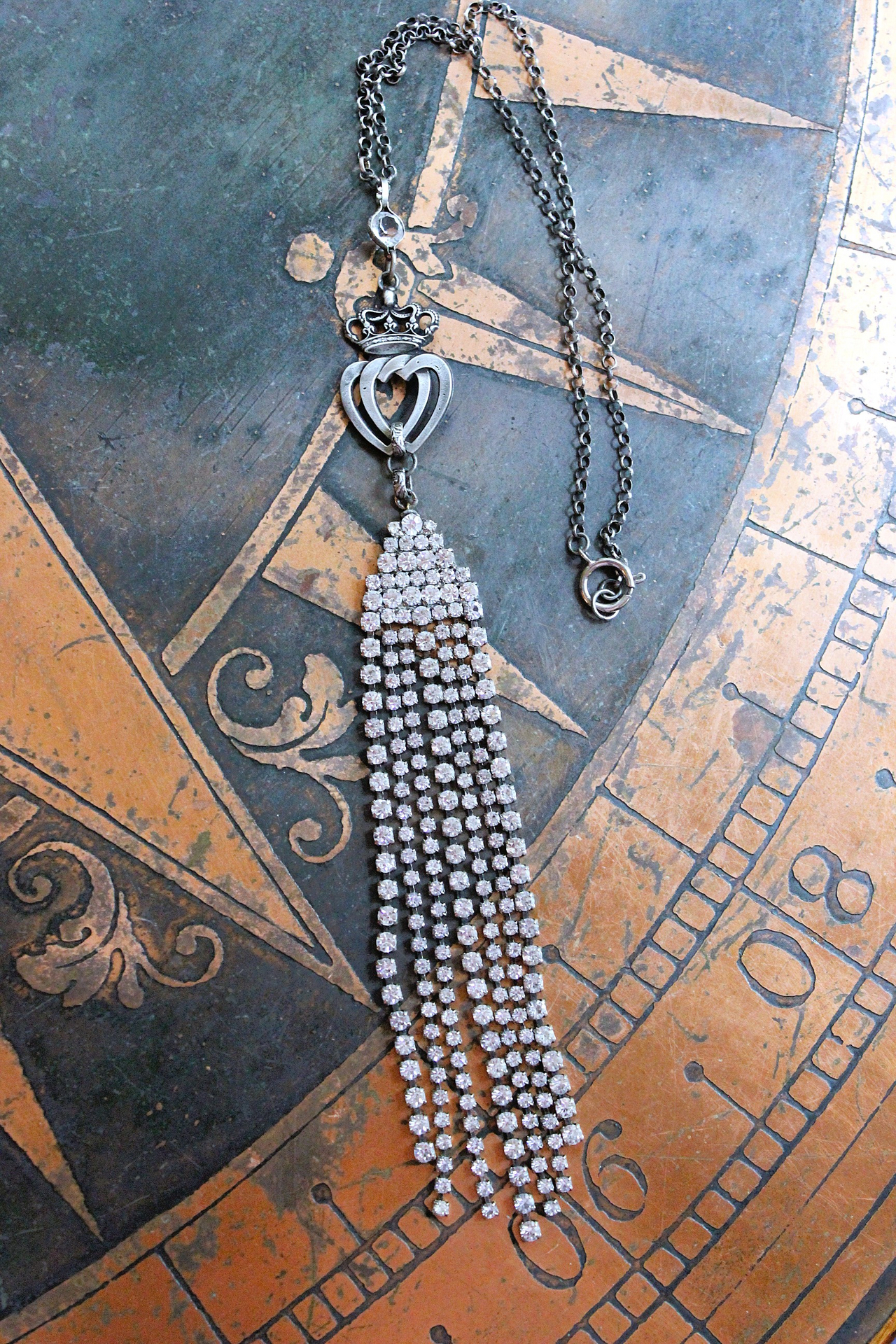 NEW! Two Hearts Necklace w/Vintage Faceted Prong Set Rhinestone Tassel, Two Hearts & Crown Medal,Sterling Belcher Chain