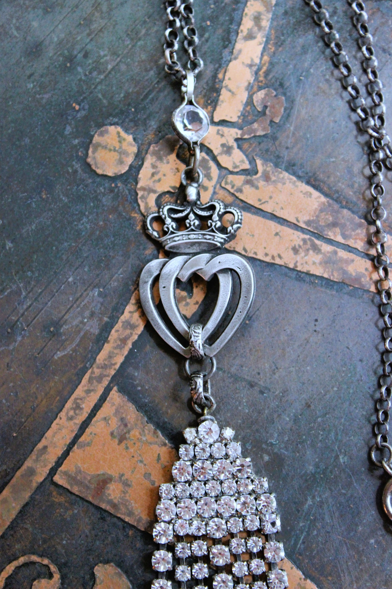 NEW! Two Hearts Necklace w/Vintage Faceted Prong Set Rhinestone Tassel, Two Hearts & Crown Medal,Sterling Belcher Chain