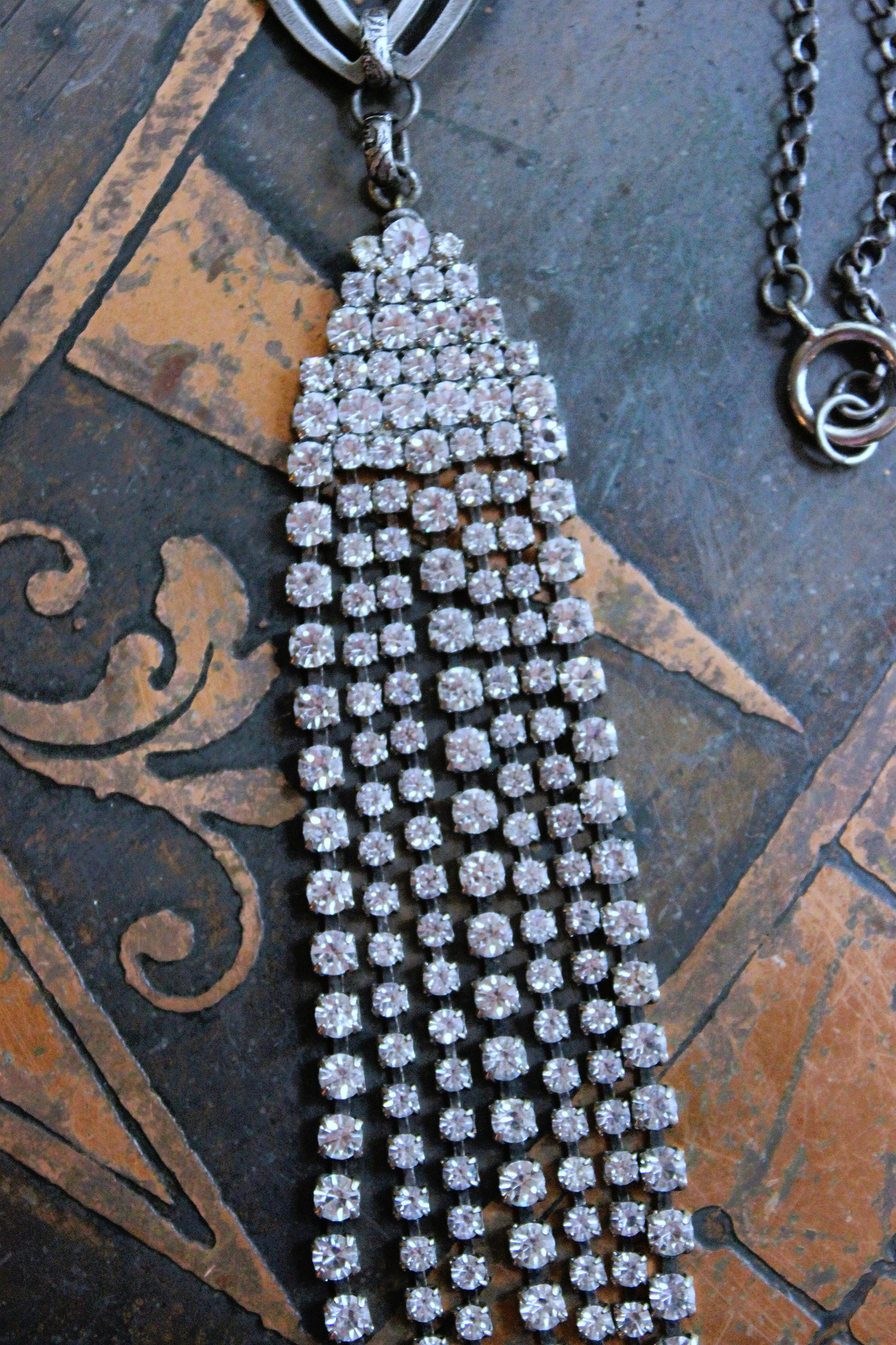 NEW! Two Hearts Necklace w/Vintage Faceted Prong Set Rhinestone Tassel, Two Hearts & Crown Medal,Sterling Belcher Chain