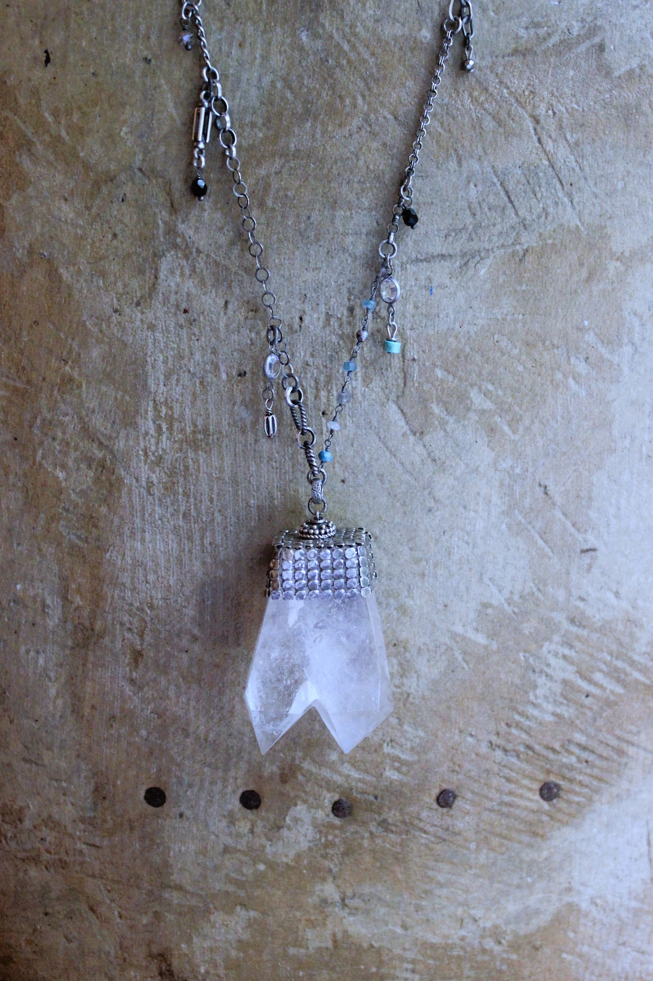 NEW! Single Soul Necklace with Amazing & Rare Double Point Clear Rock Quartz Pendant w/Sterling Mesh Cap,Sterling Chain Fragment Chain, Multiple Drops