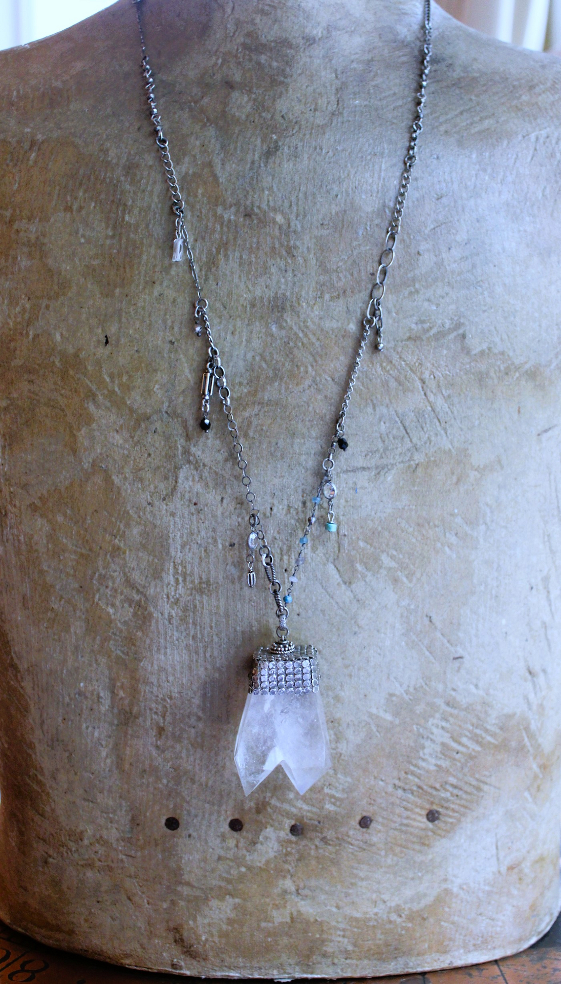 NEW! Single Soul Necklace with Amazing & Rare Double Point Clear Rock Quartz Pendant w/Sterling Mesh Cap,Sterling Chain Fragment Chain, Multiple Drops